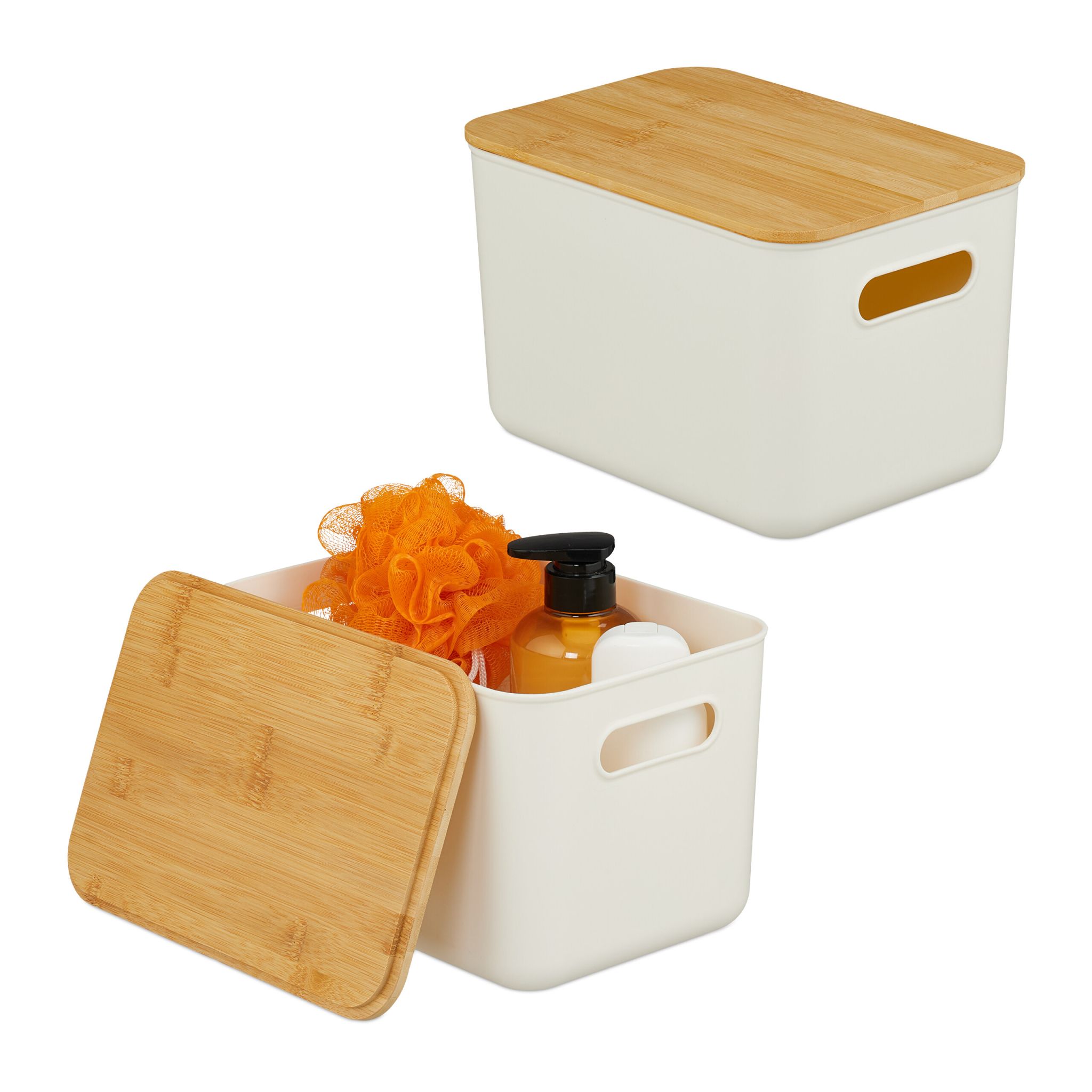 Aufbewahrungsbox mit Bambusdeckel Set Weiss-Hellbraun
