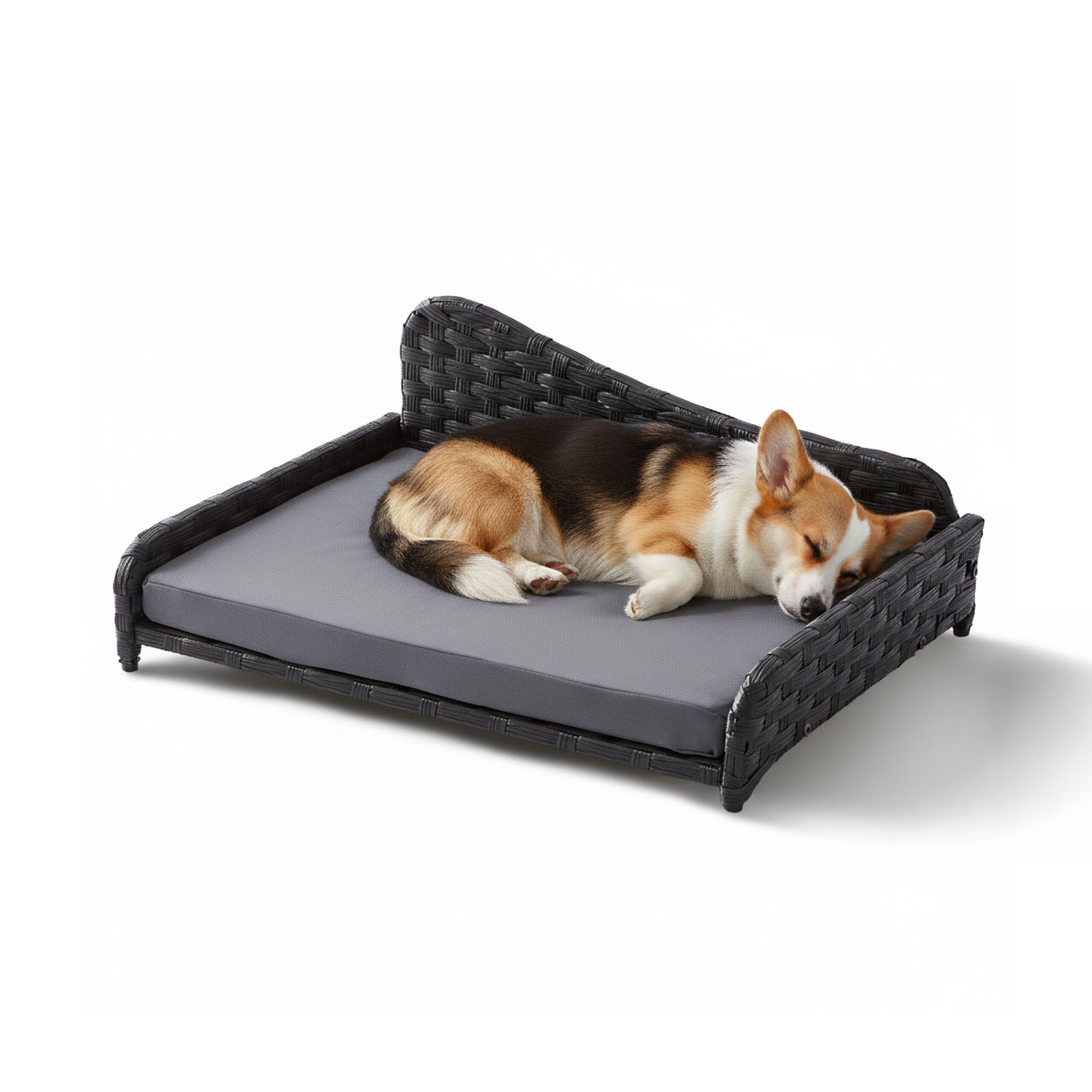 Hundebett Rattan mit Kissen Anthrazit-Grau
