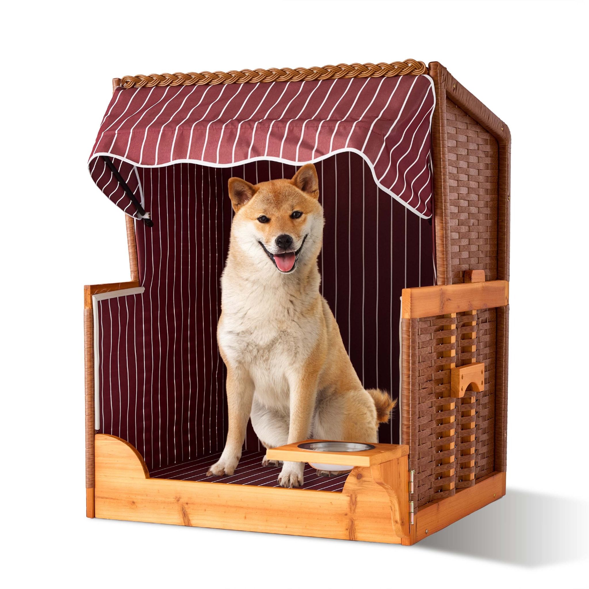 Hundestrandkorb Holz & Rattan inkl. Napf Braun-Dunkelrot-Schwarz