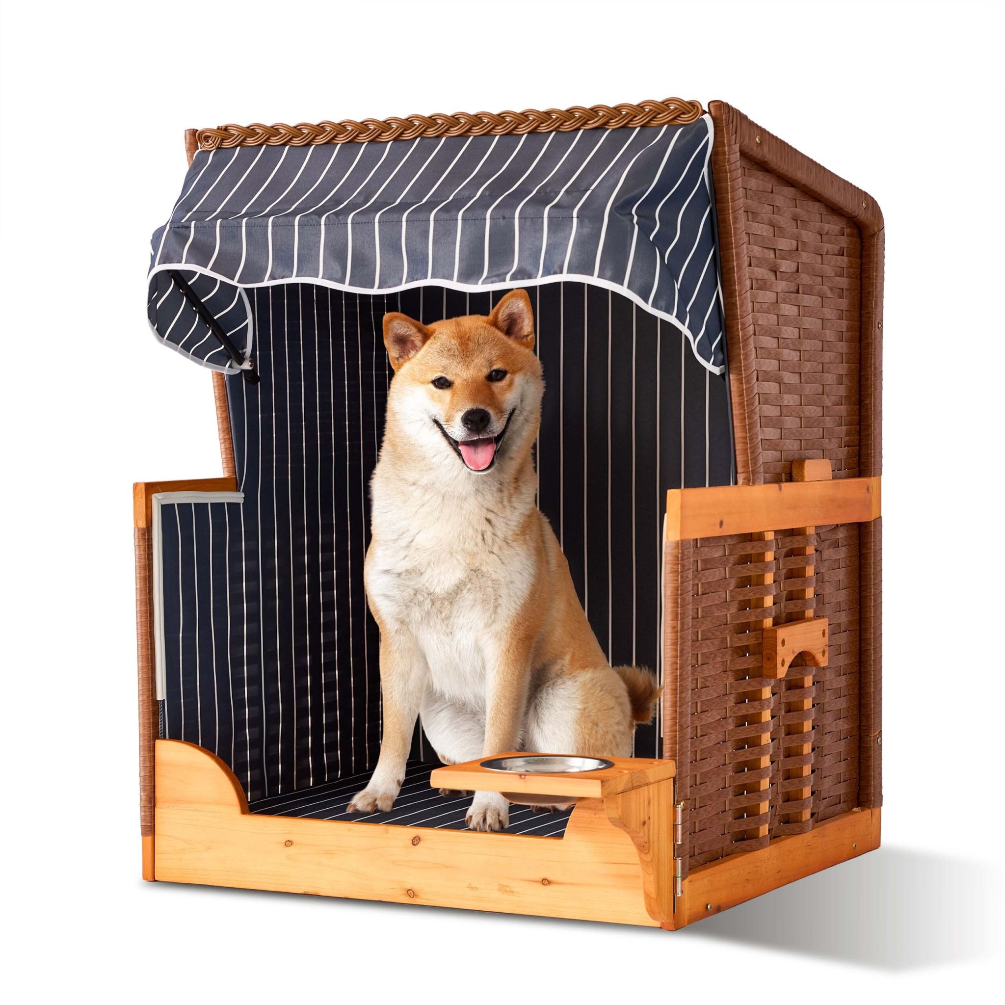 Hundestrandkorb Holz & Rattan inkl. Napf Braun-Dunkelblau-Hellbraun