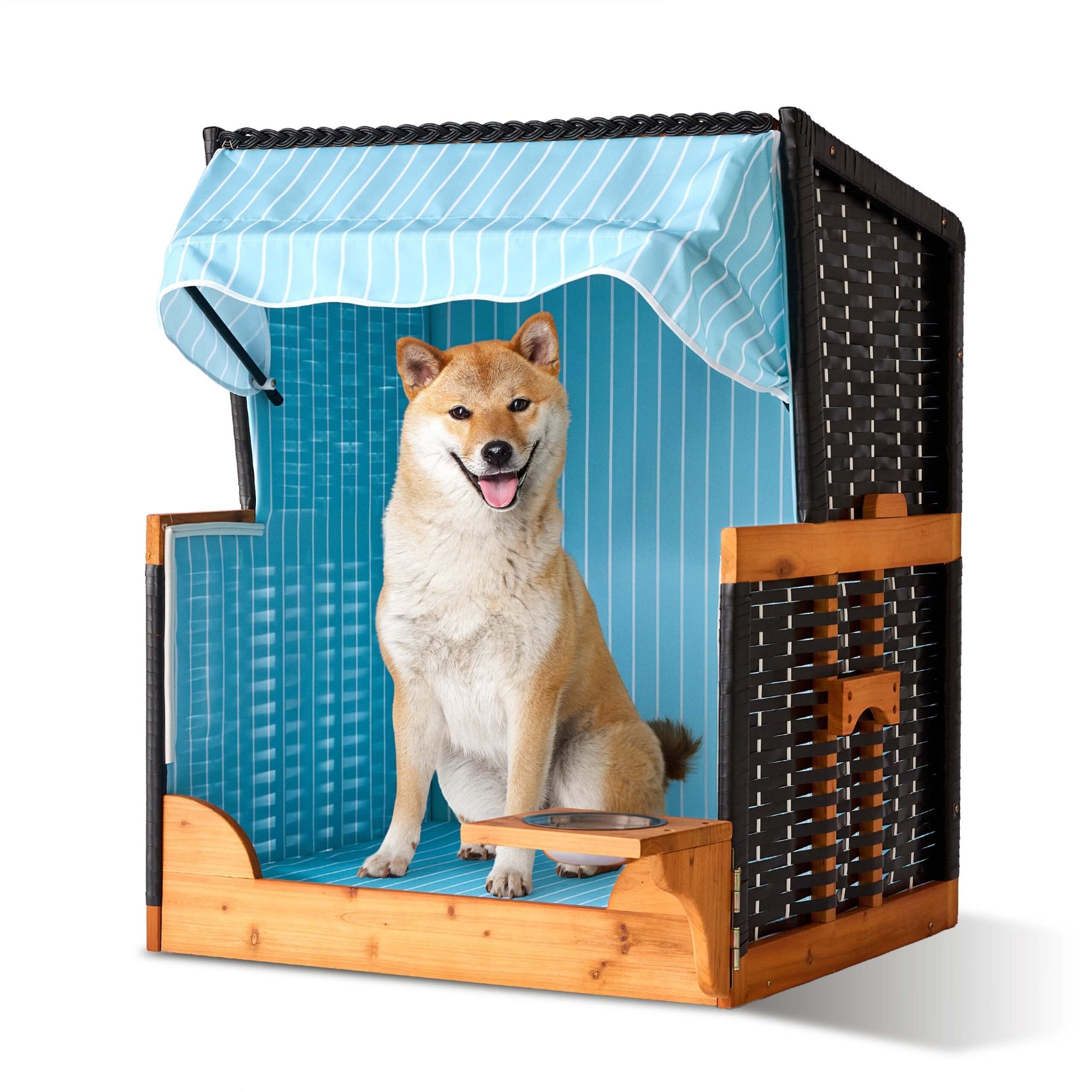 Hundestrandkorb Holz & Rattan inkl. Napf Hellblau-Hellbraun-Schwarz
