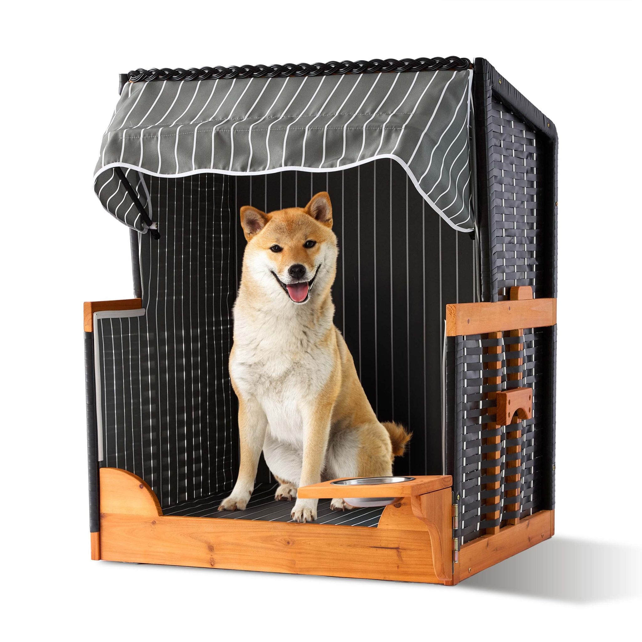 Hundestrandkorb Holz & Rattan inkl. Napf Hellbraun-Schwarz-Grau