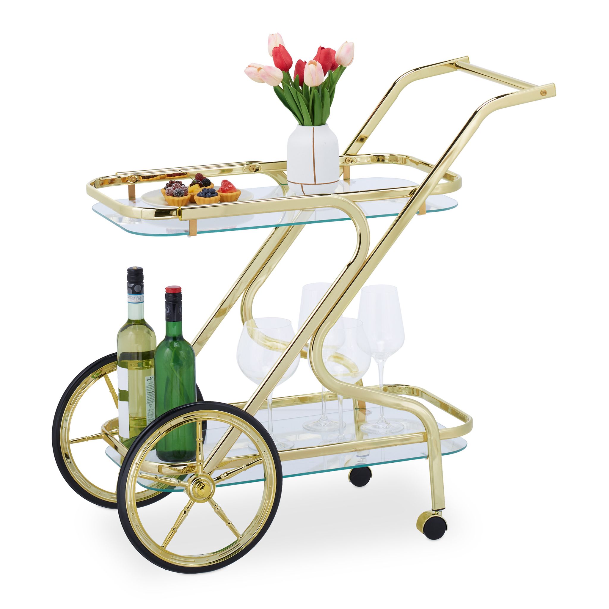 Servierwagen Messing & Glas Gold-Schwarz-Transparent