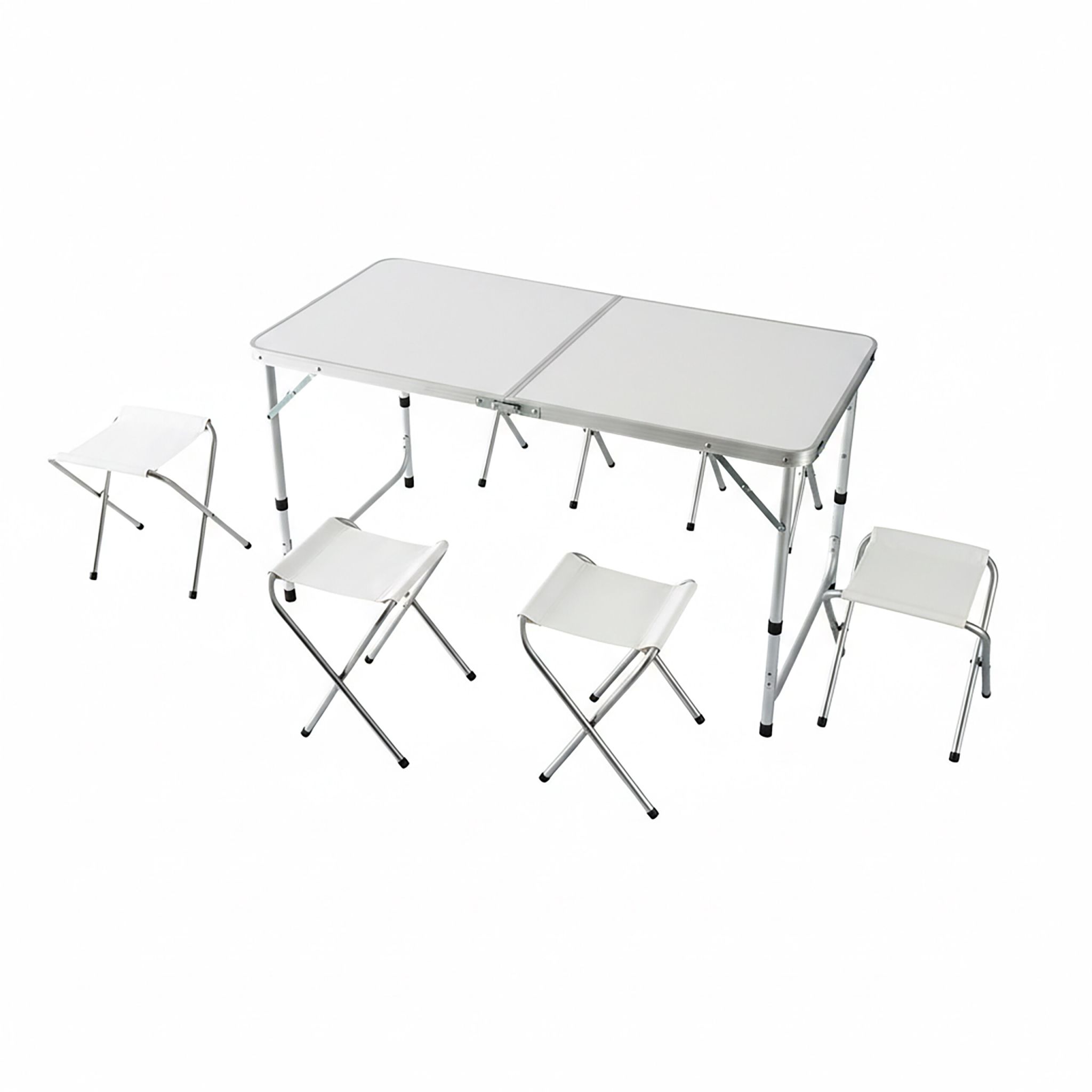 Campingtisch mit 4 Hockern Weiss-Silber