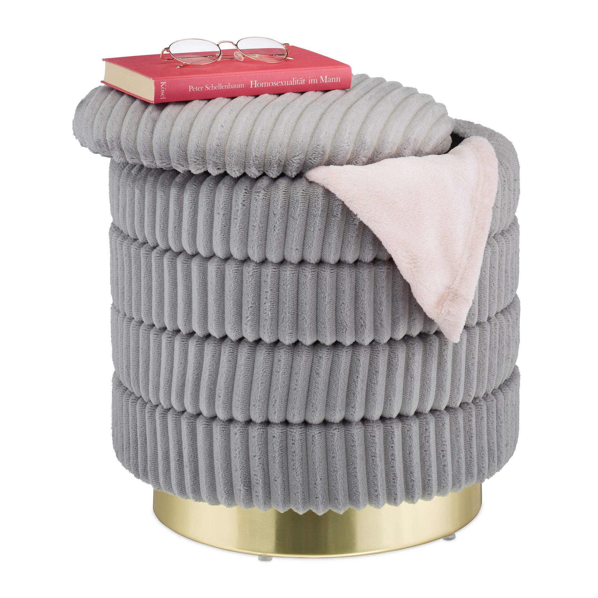 Samthocker mit Stauraum Gold-Grau