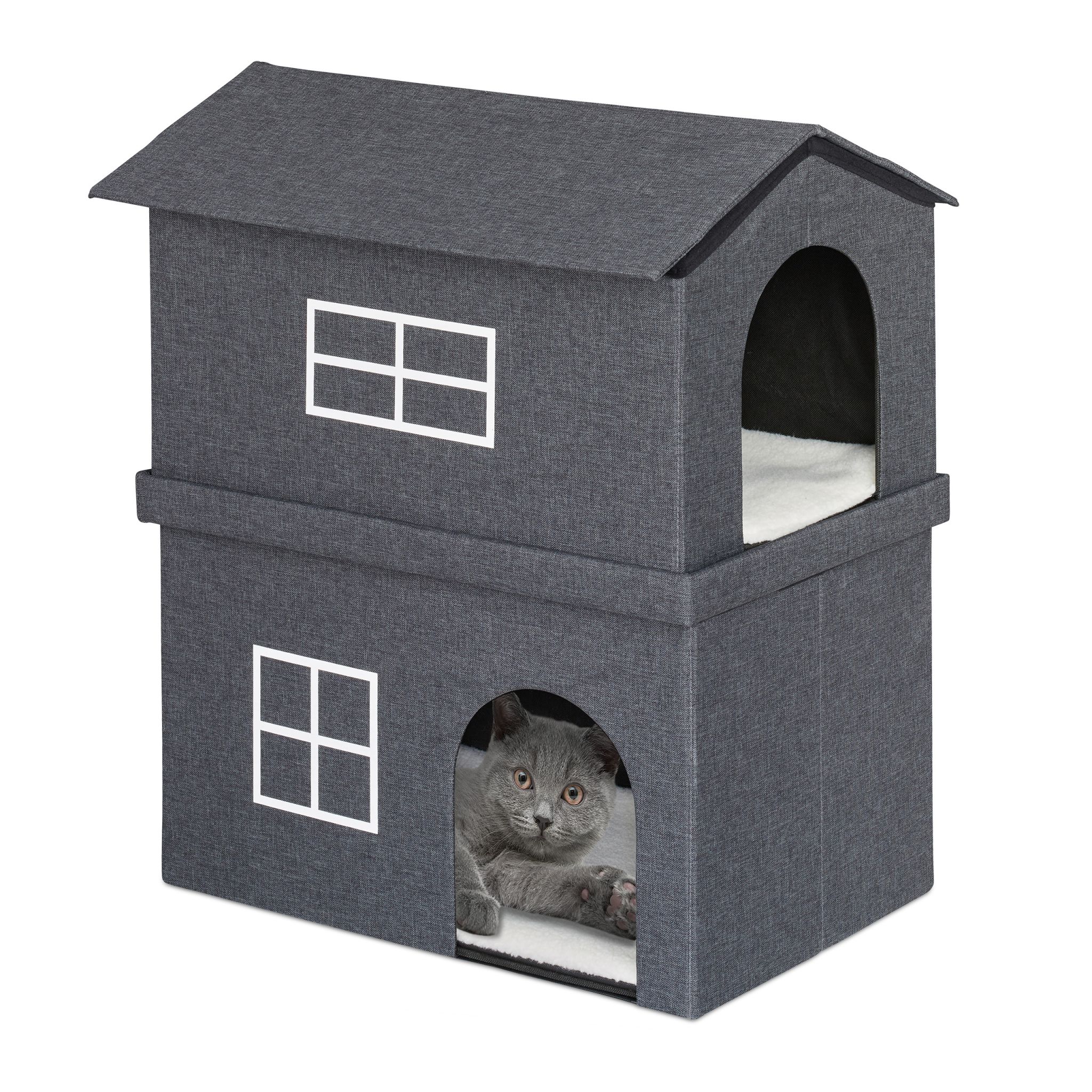 Katzenhaus 2 Etagen für drinnen Weiss-Grau