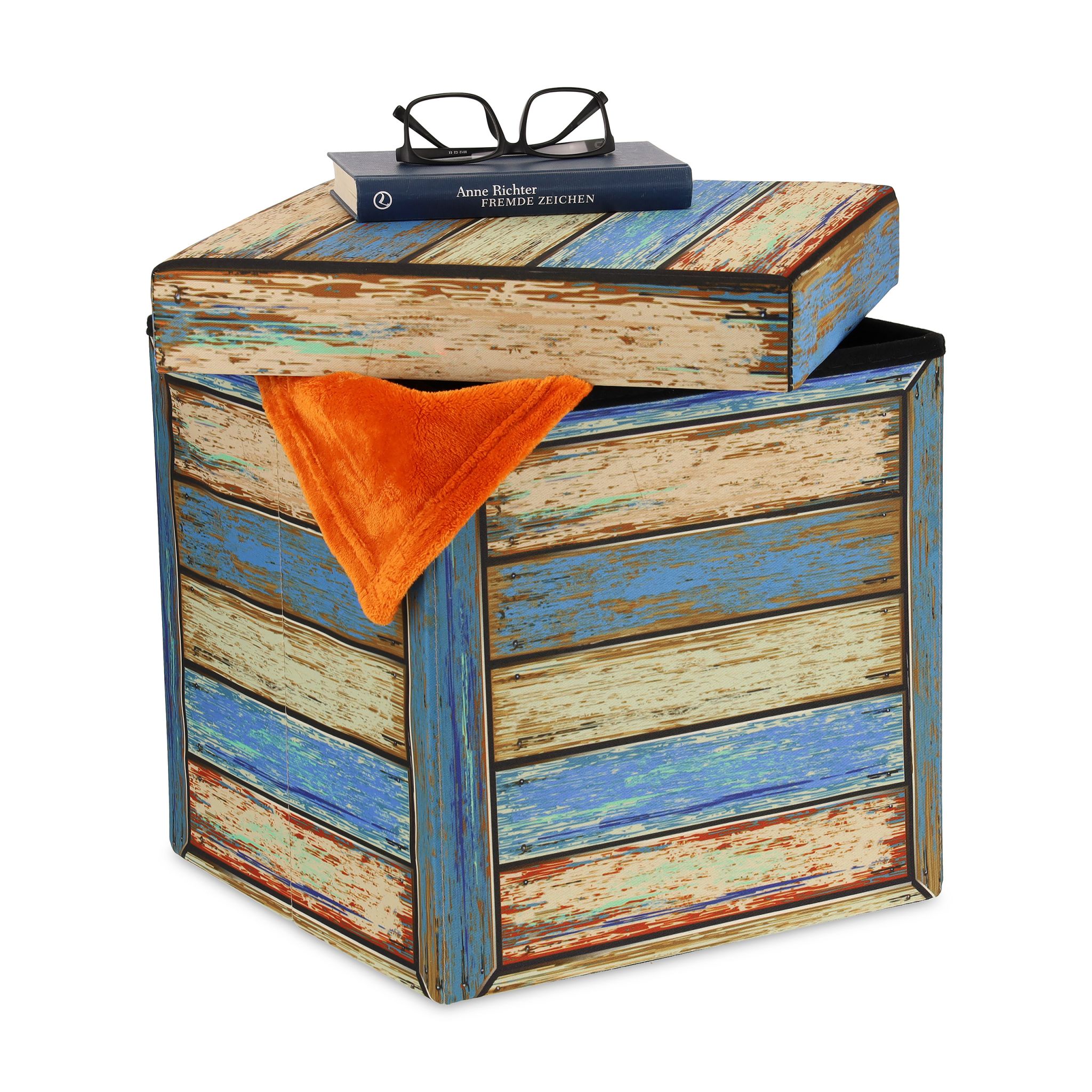 Vintage Sitzhocker mit Stauraum Blau-Creme-Rot