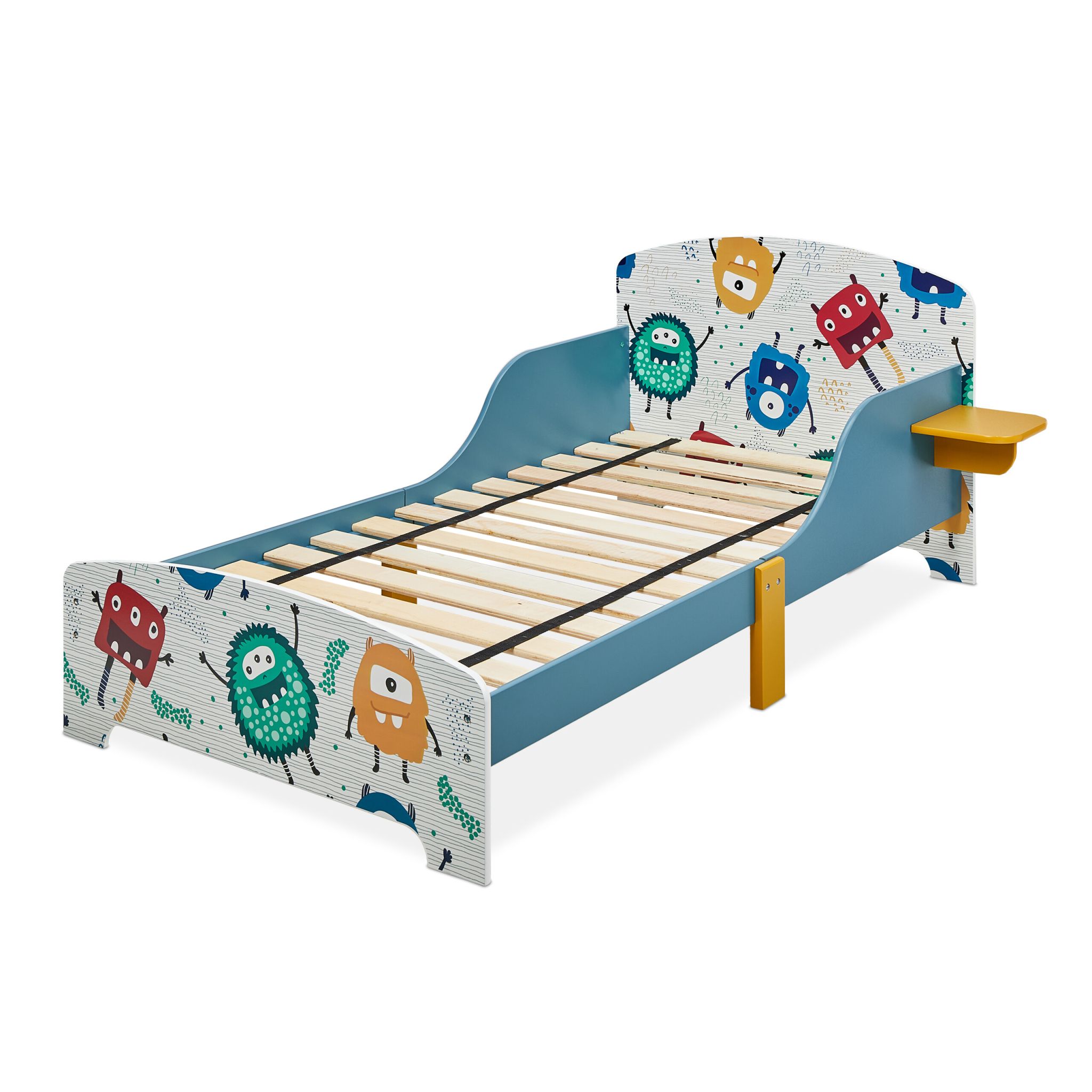 Kinderbett kleine Monster mit Ablage Weiss-Blau-Rot