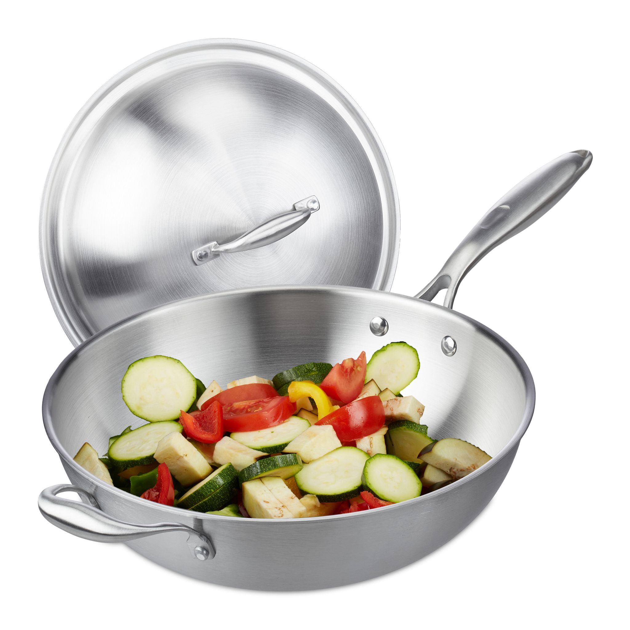 Edelstahl Wok mit Deckel Silber