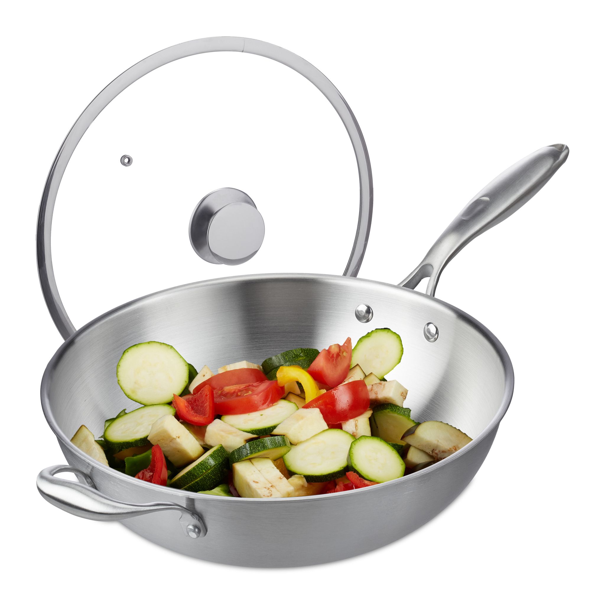 Edelstahl Wok mit Glasdeckel Silber-Transparent