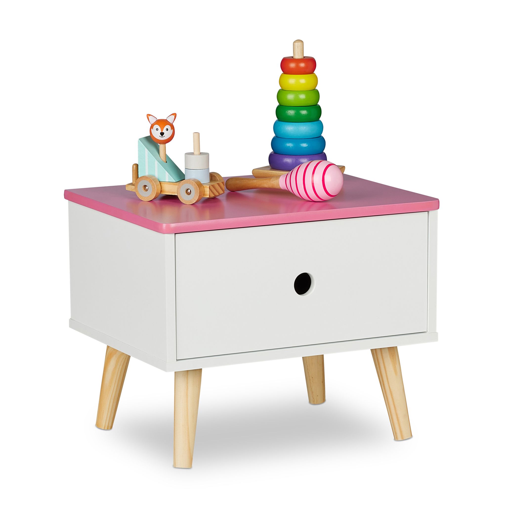 Nachttisch für Kinder mit Schublade Weiss-Hellbraun-Rosa