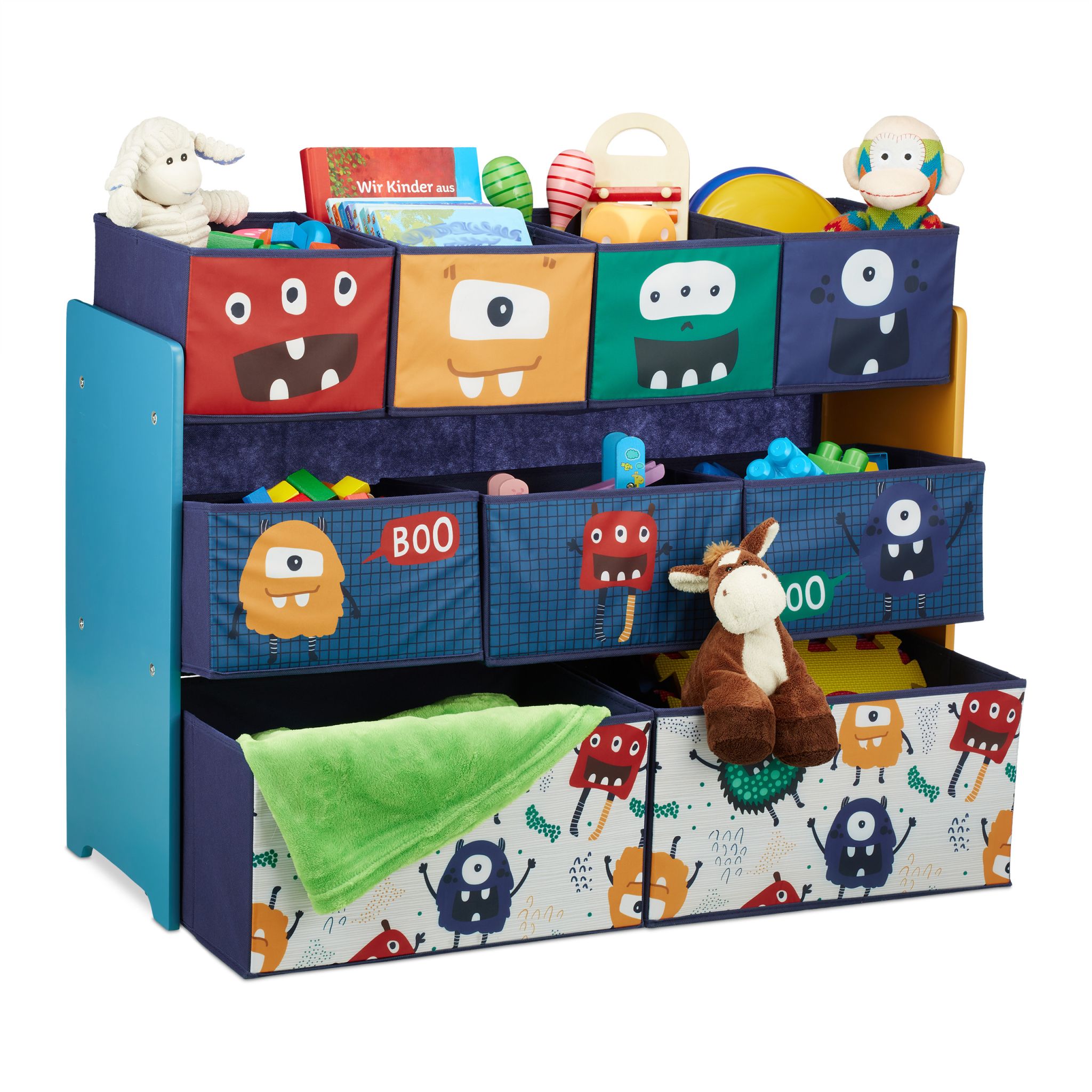 Kinderregal mit Boxen Monster Dunkelblau-Orange-Türkis