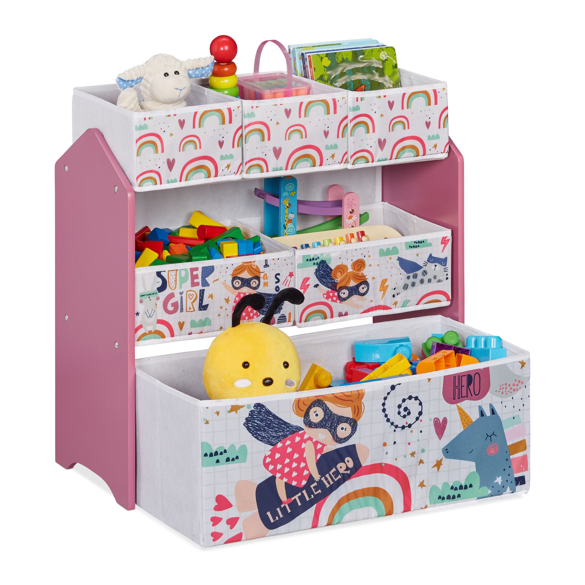 Kinderregal mit 6 Aufbewahrungsboxen Weiss-Grün-Rosa