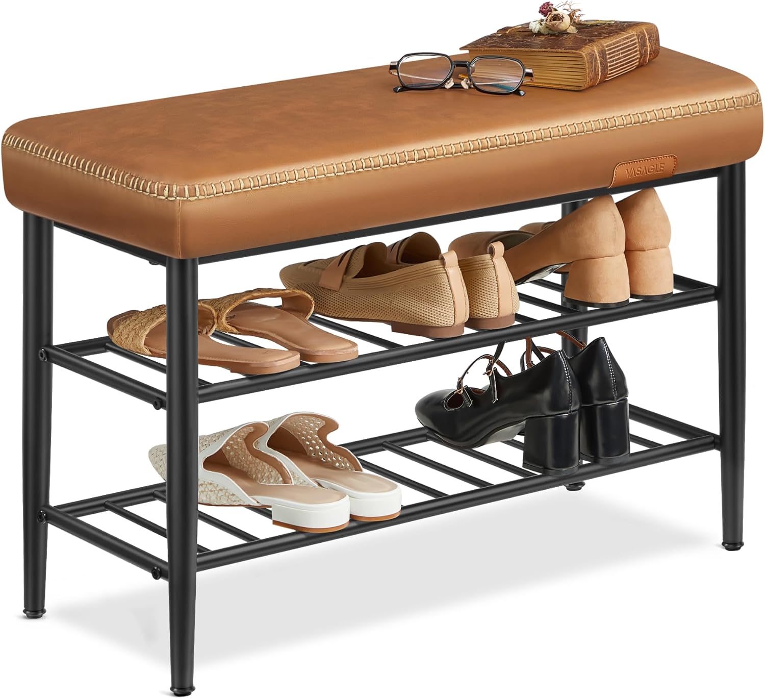Schuhbank Mid-Century-Modern Kunstleder Karamellbraun