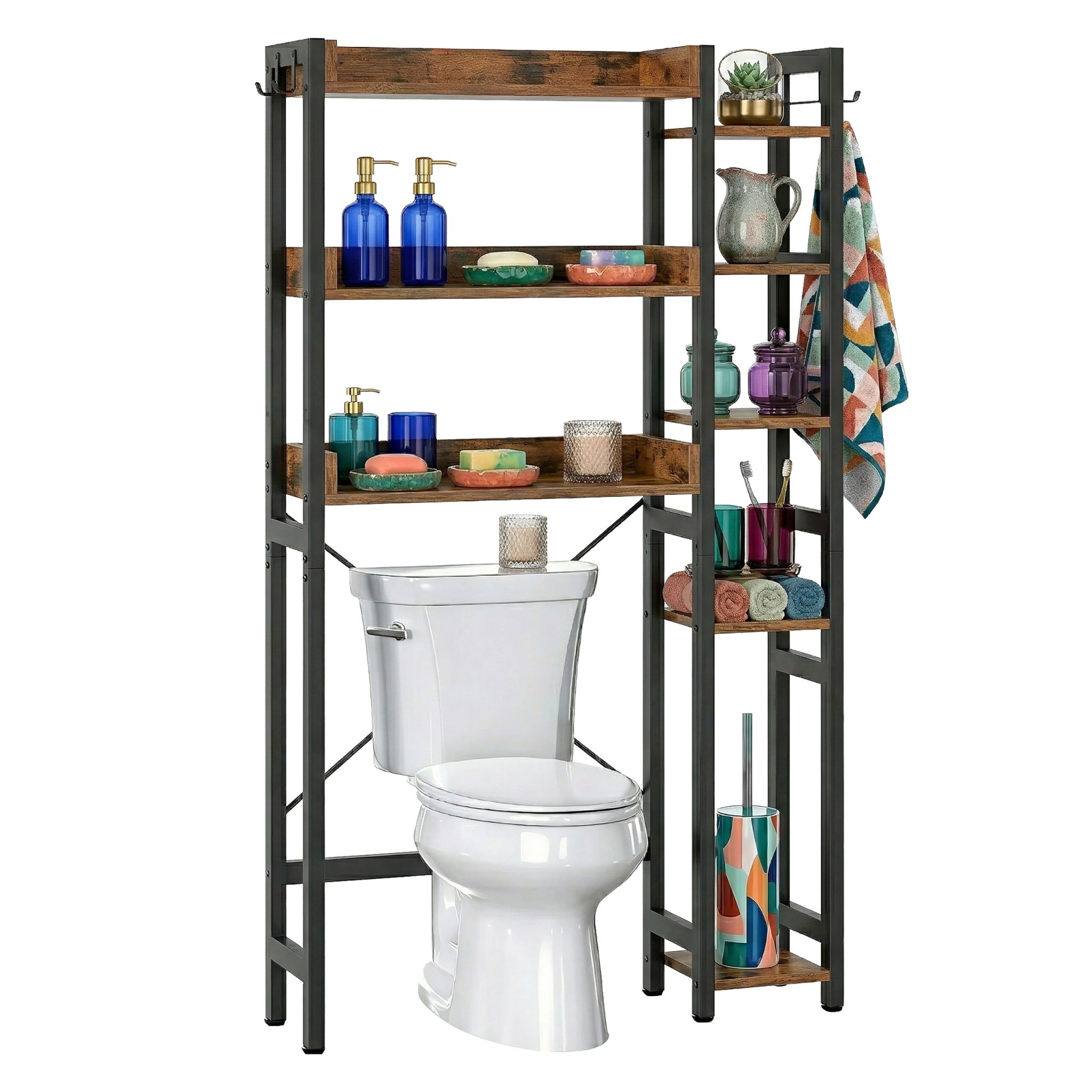 Toilettenregal 3 Ebenen mit Seitenablage Dunkelbraun-Schwarz