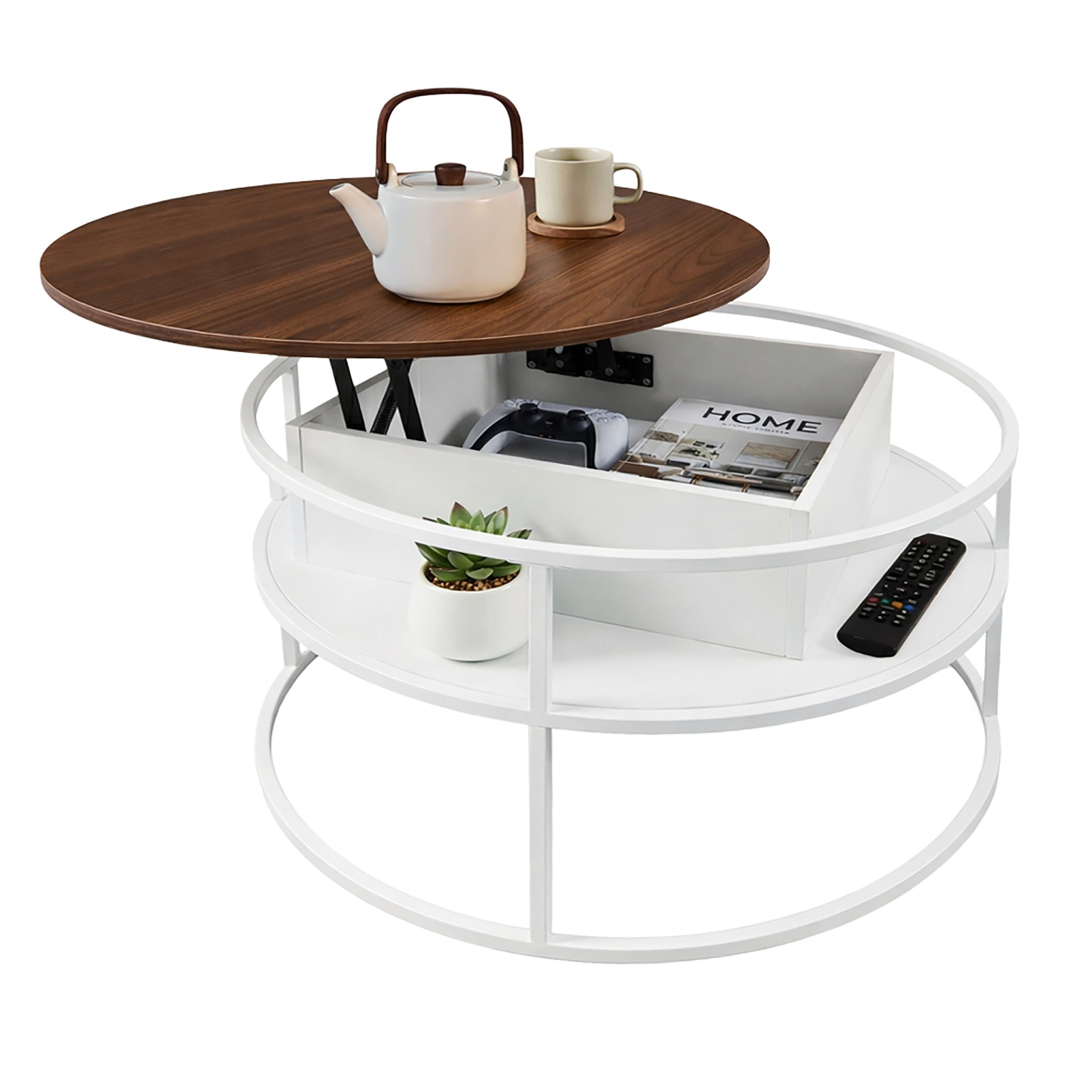 Couchtisch mit Hebeplatte & Stauraum Weiss-Braun