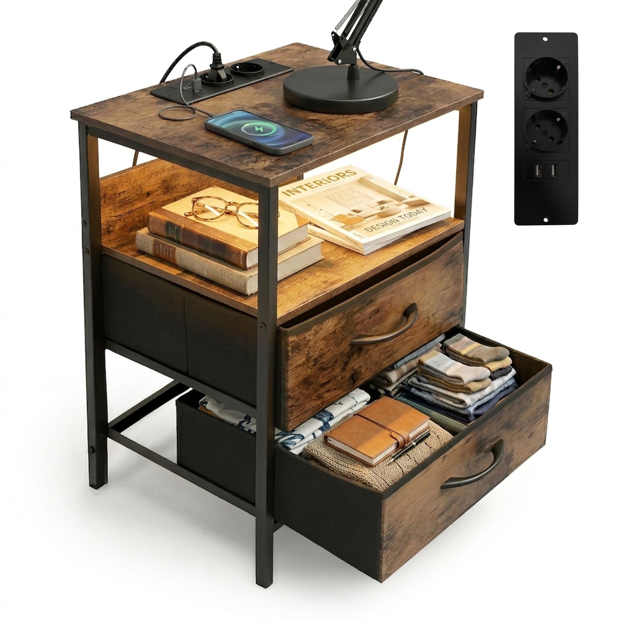 Beistelltisch mit LED & USB-Anschluss Braun-Schwarz
