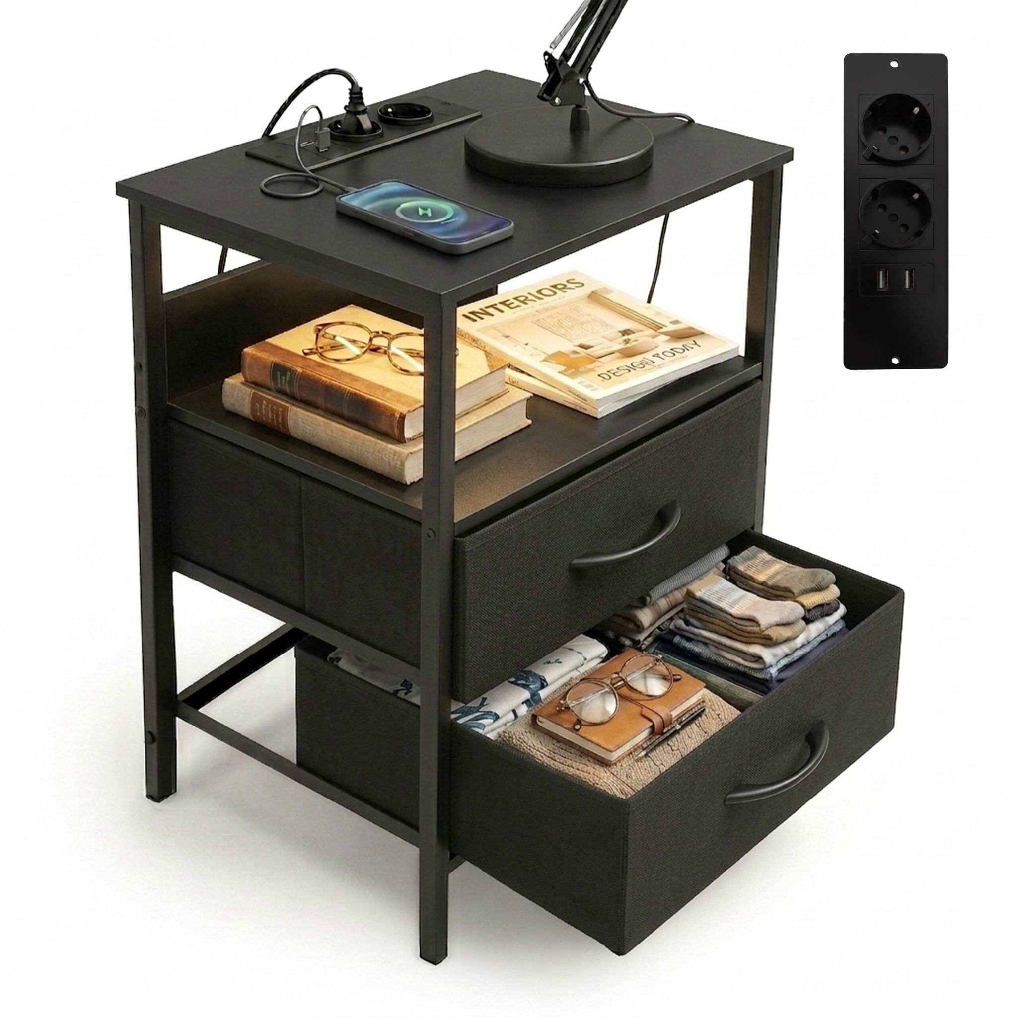 Beistelltisch mit LED & USB-Anschluss Schwarz