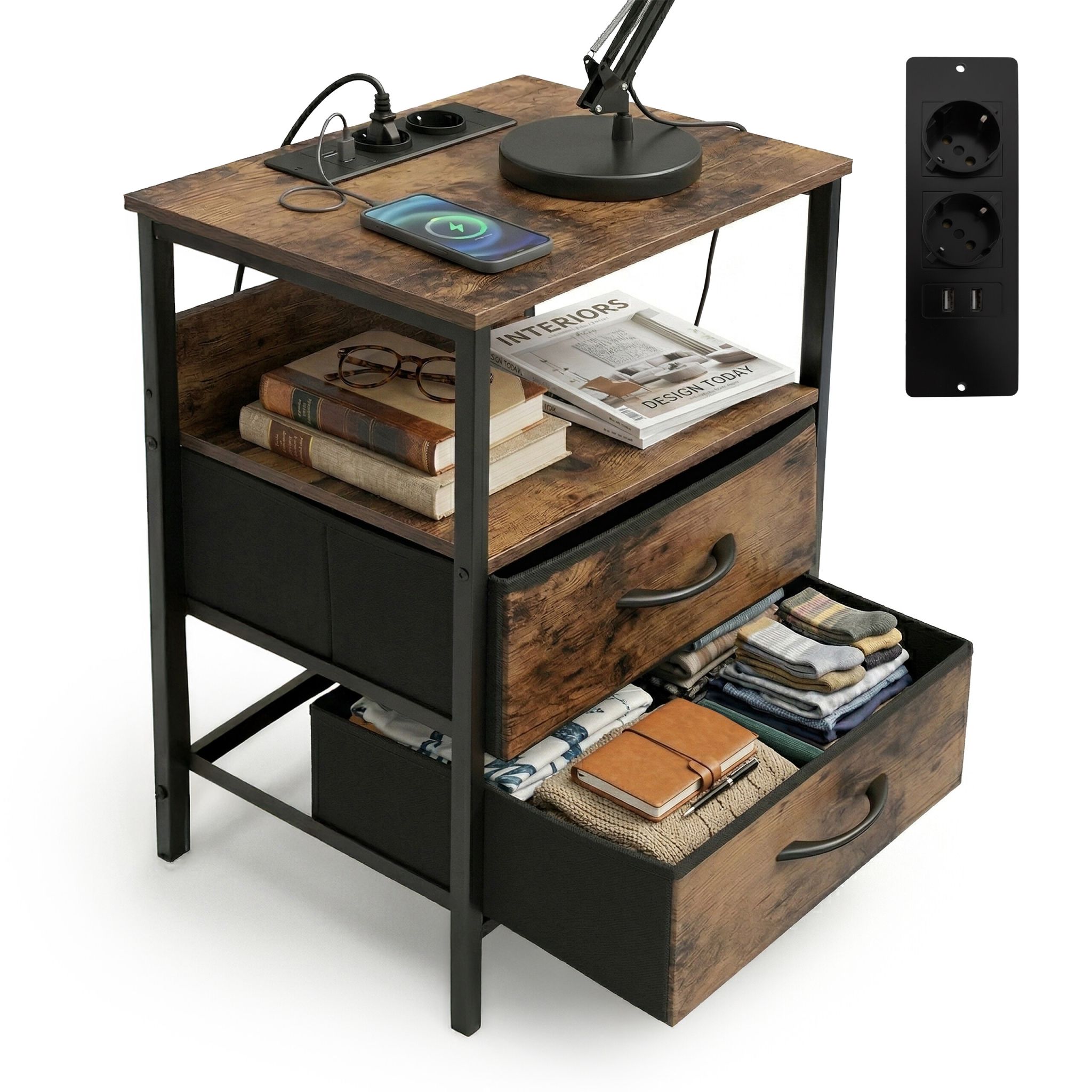 Beistelltisch mit USB-Anschluss Braun-Schwarz