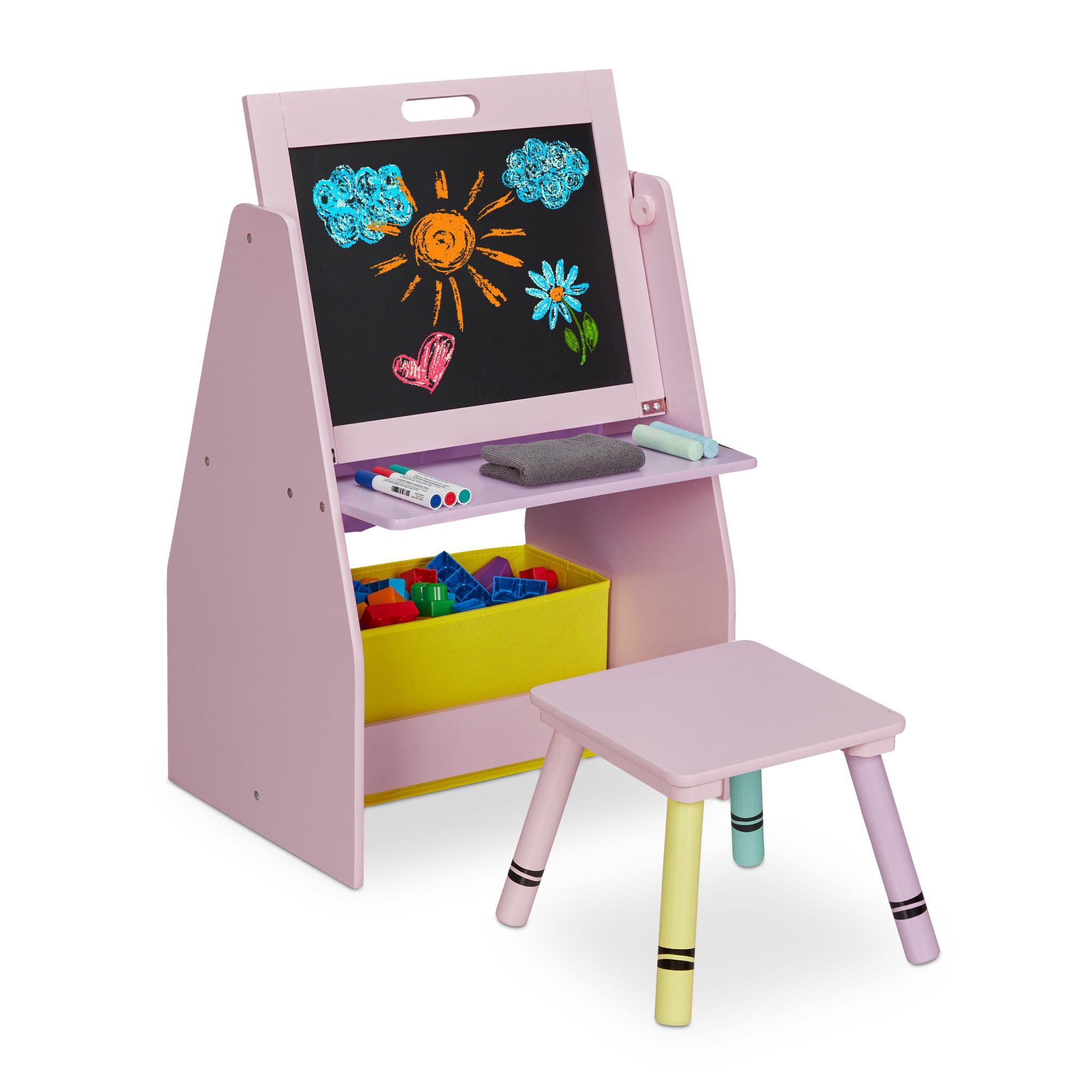 Kinderregal mit Tafel Gelb-Lila-Rosa