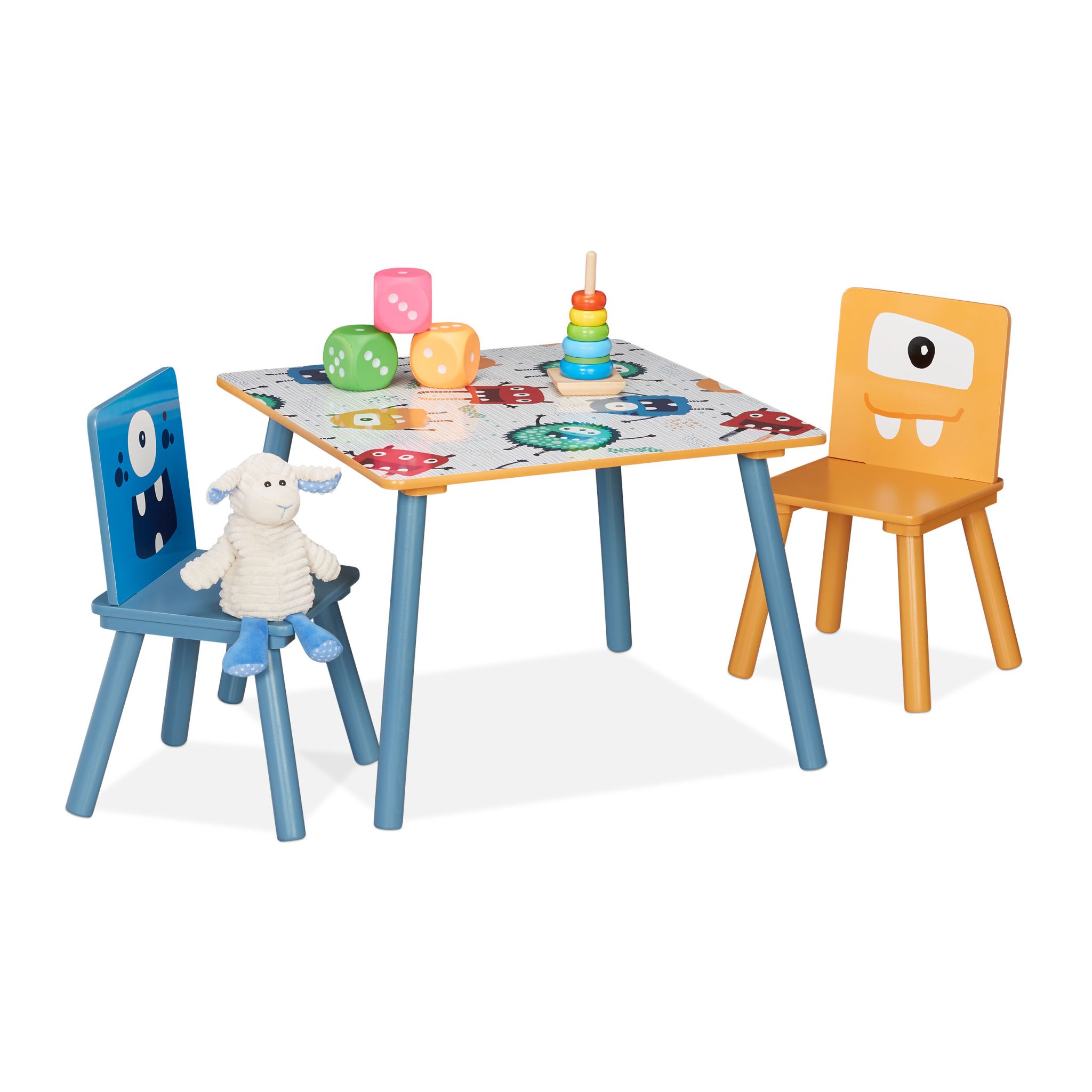 Kindersitzgruppe Monster-Motiv 3tlg. Weiss-Blau-Gelb