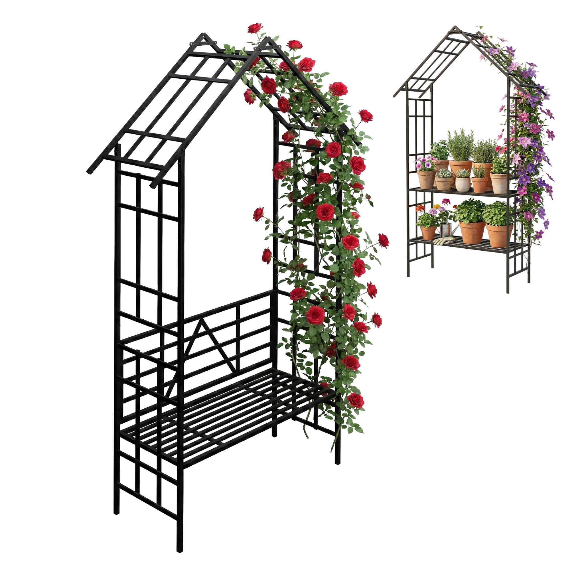 Rosenbogen mit Sitz- oder Blumenbank Schwarz