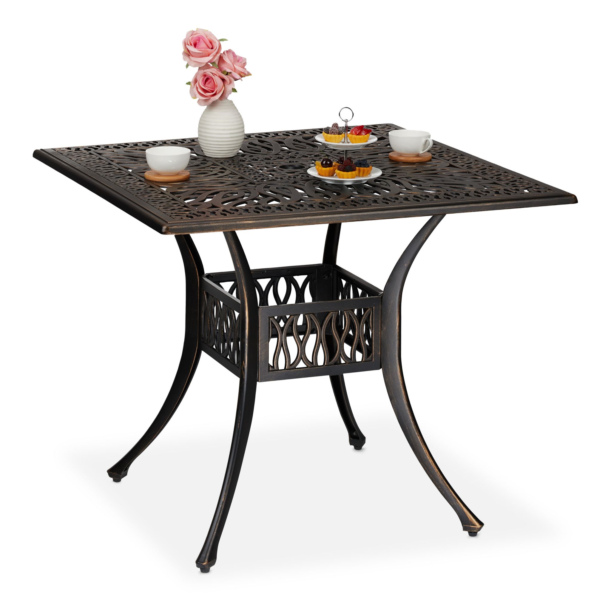 Eckiger Gartentisch mit Schirmloch Gold-Schwarz