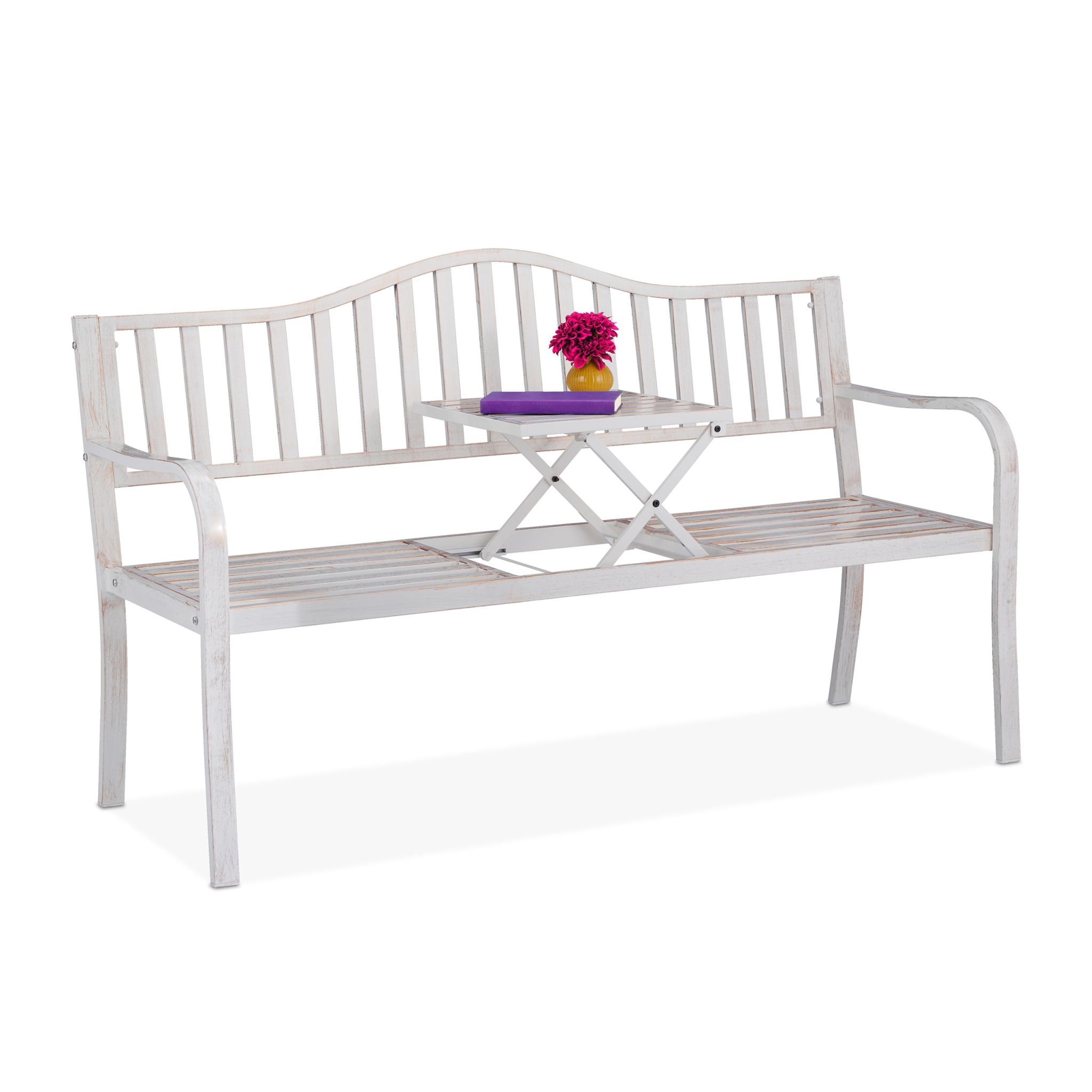 Gartenbank mit Klapptisch Weiss-Gold