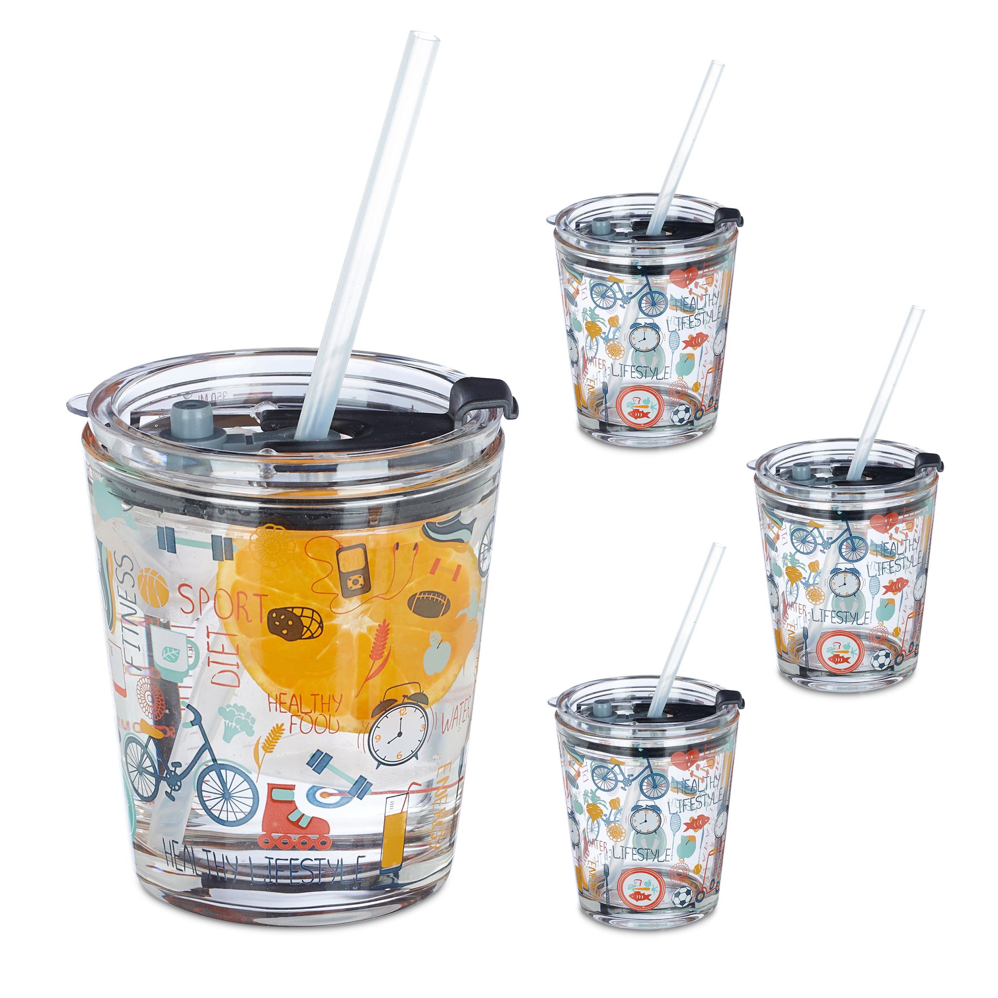 Glasbecher Sport-Motiv 4er-Set Blau-Rot-Transparent