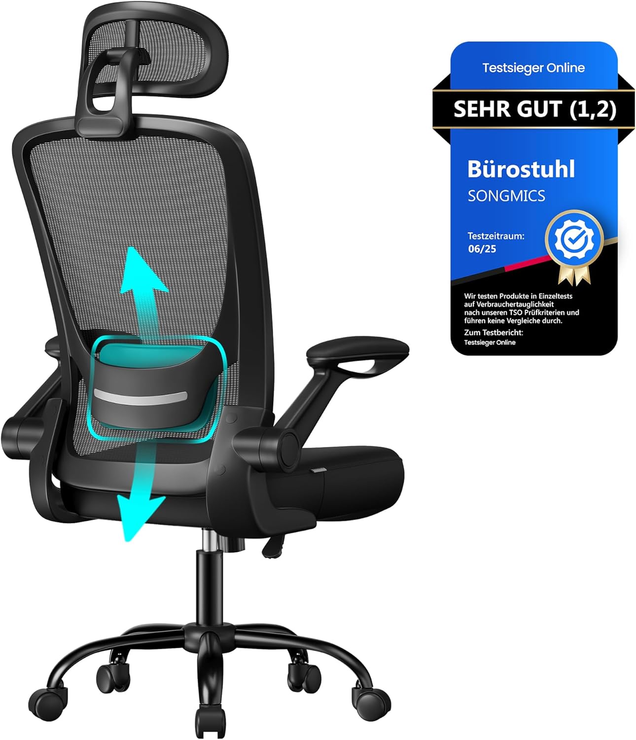 Bürostuhl ergonomisch mit Kopfstütze tintenschwarz