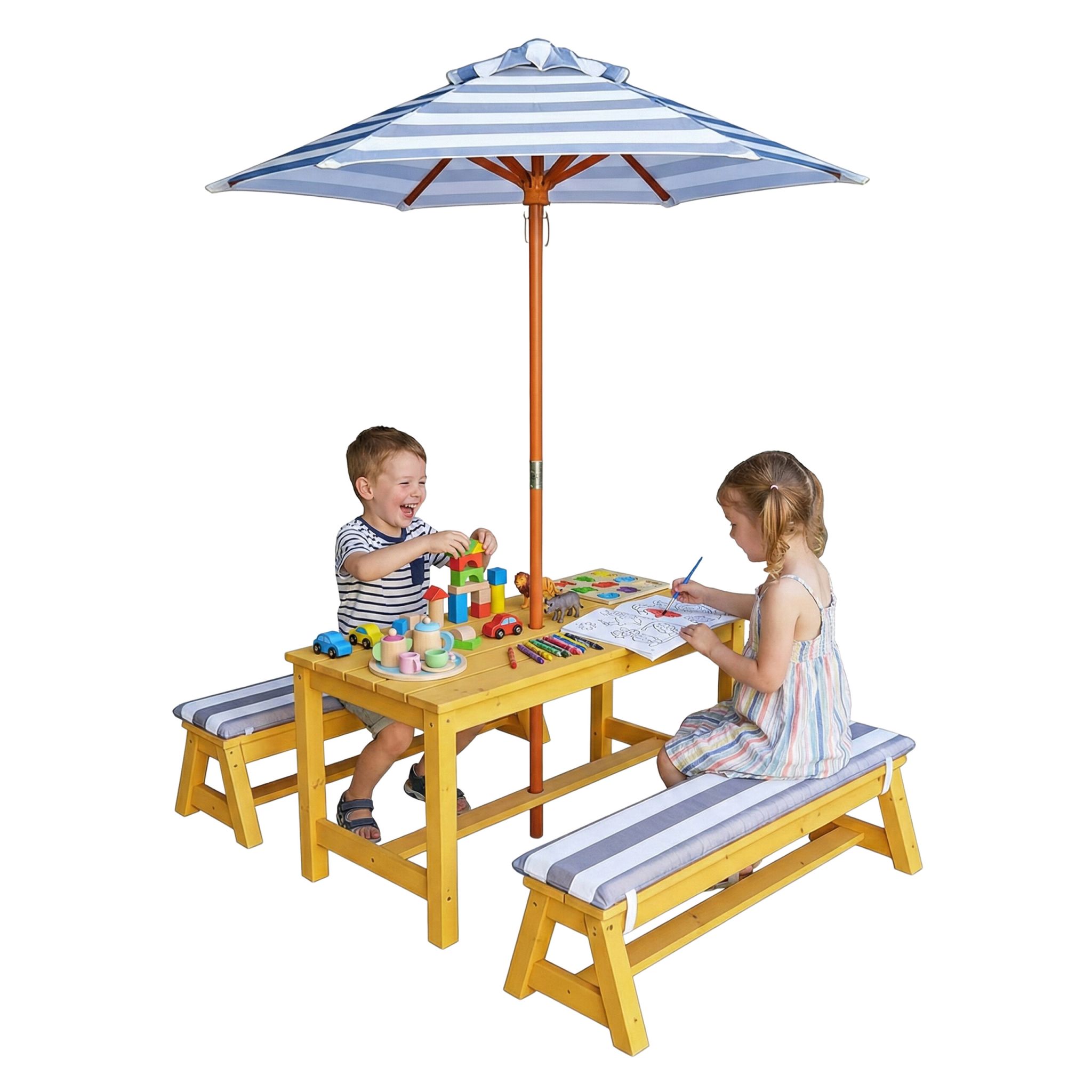 Kindersitzgruppe mit Schirm & Auflagen Weiss-Blau-Hellbraun