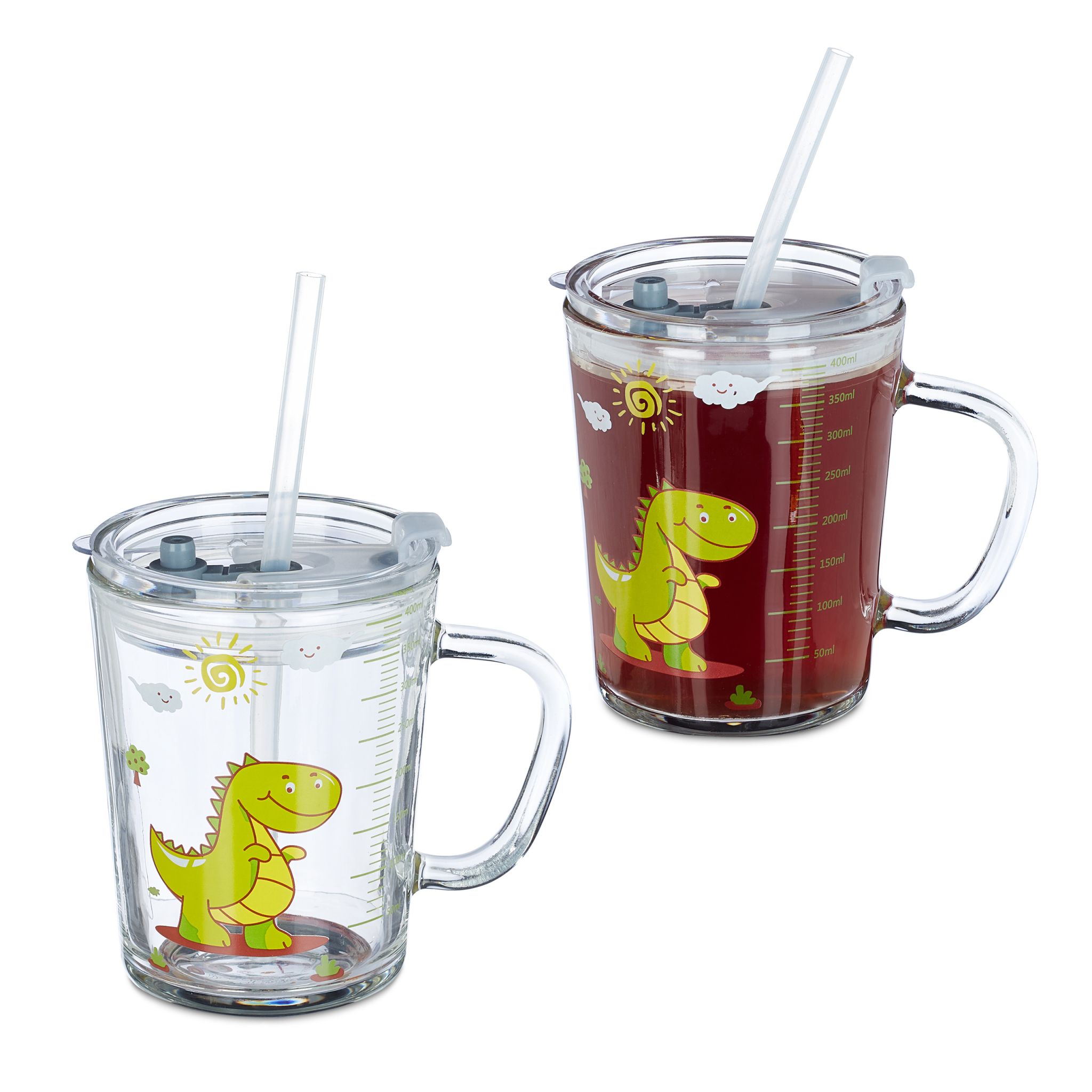 Trinkglas Kinder Dino 2er-Set Gelb-Grün-Transparent