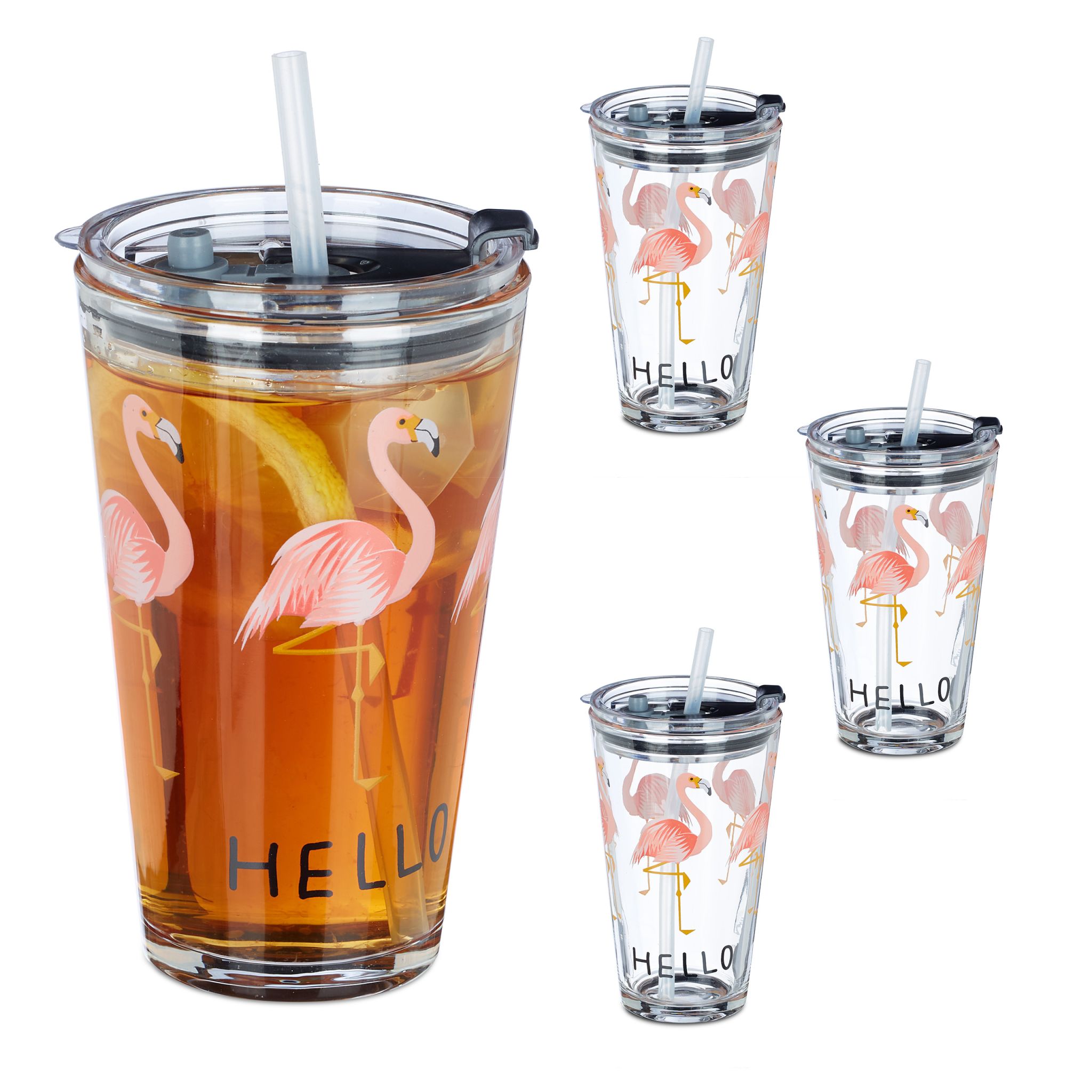 Glasbecher Flamingo 4er-Set Rosa-Schwarz-Transparent