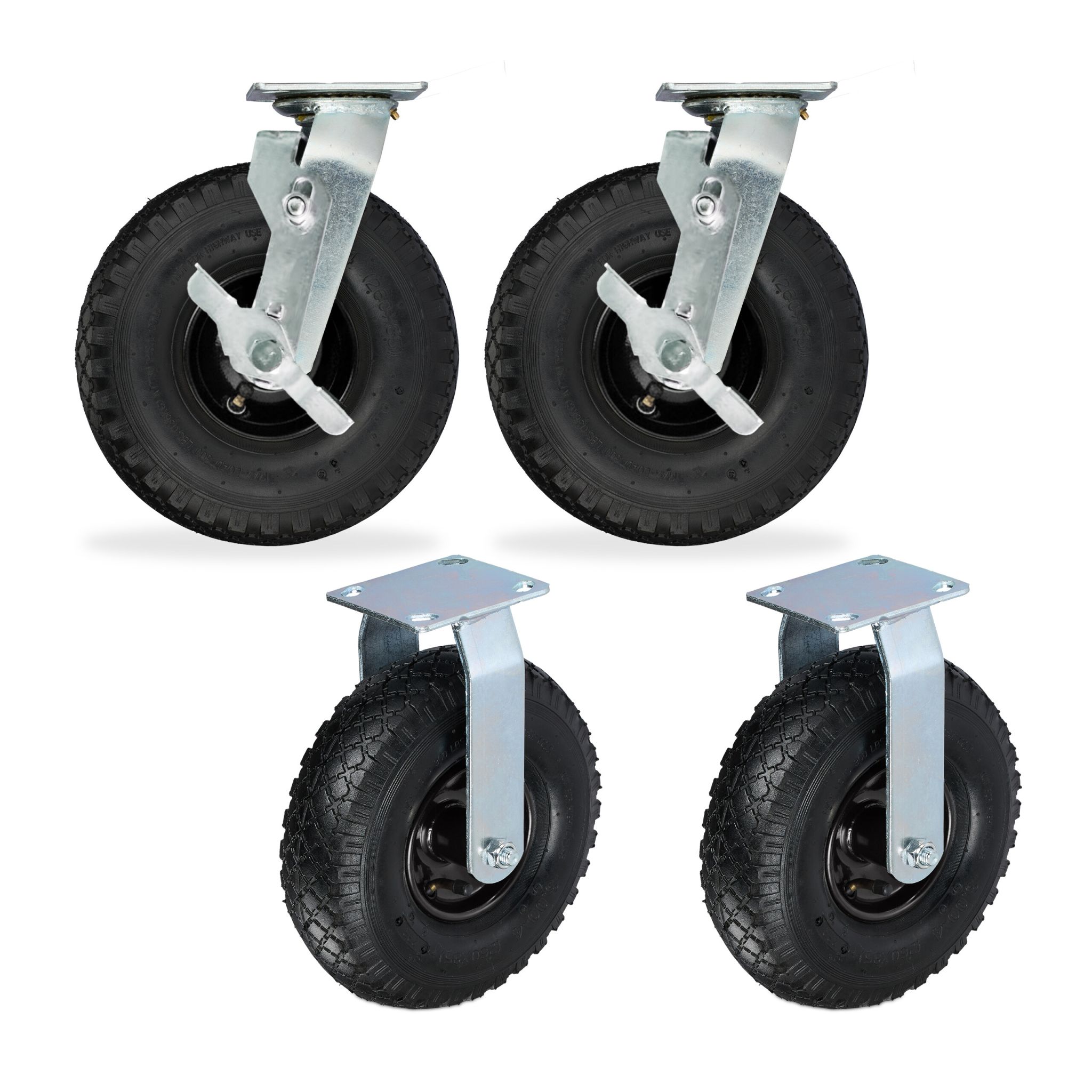Bockrolle und Lenkrolle Set 3.00-4 4er-Set mit Feststellbremse Schwarz-Schwarz