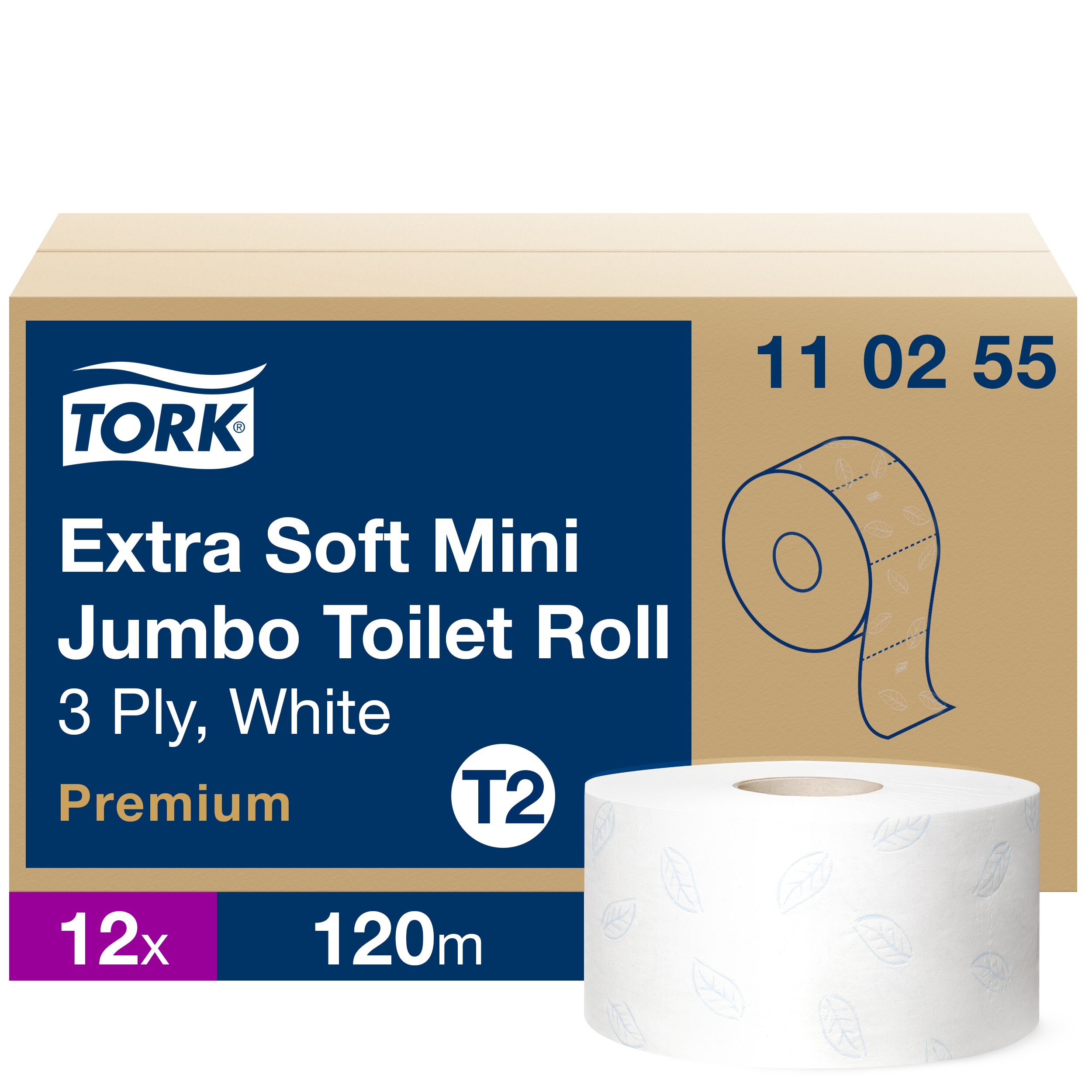 Tork T2 Soft Mini Jumbo Toiletpapir 3-lag Hvid - 12 Rl/krt.