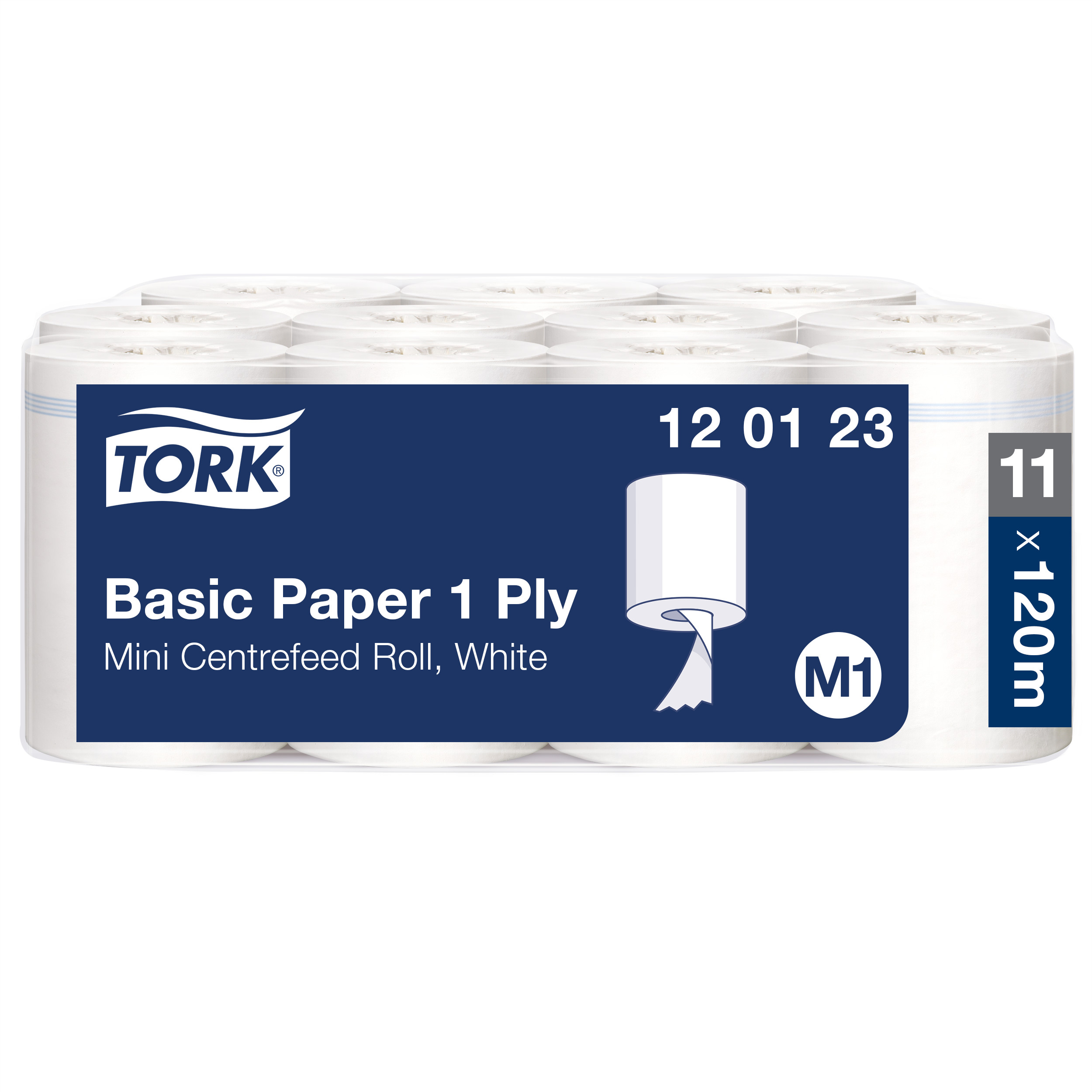 Tork M1 Aftørringspapir Mini Basic 1 lag, Hvid - 11 Rl/krt.
