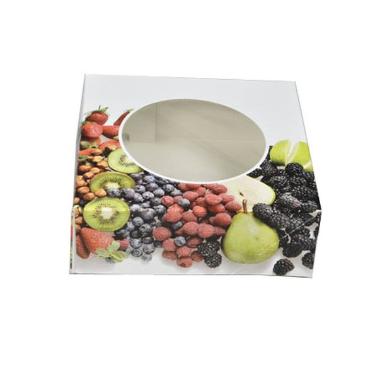 Kageæske med Rude og Frugt-design 200 x 200 x 70 mm - 100 stk/krt