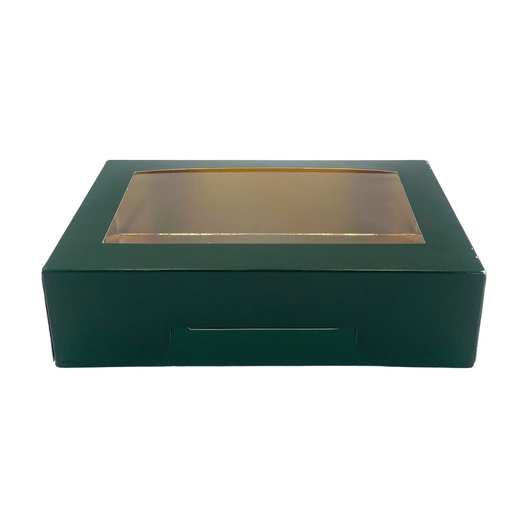 Kageæske med vindue 180 x 110 x 50 mm Grøn/Guld - 150 stk/krt