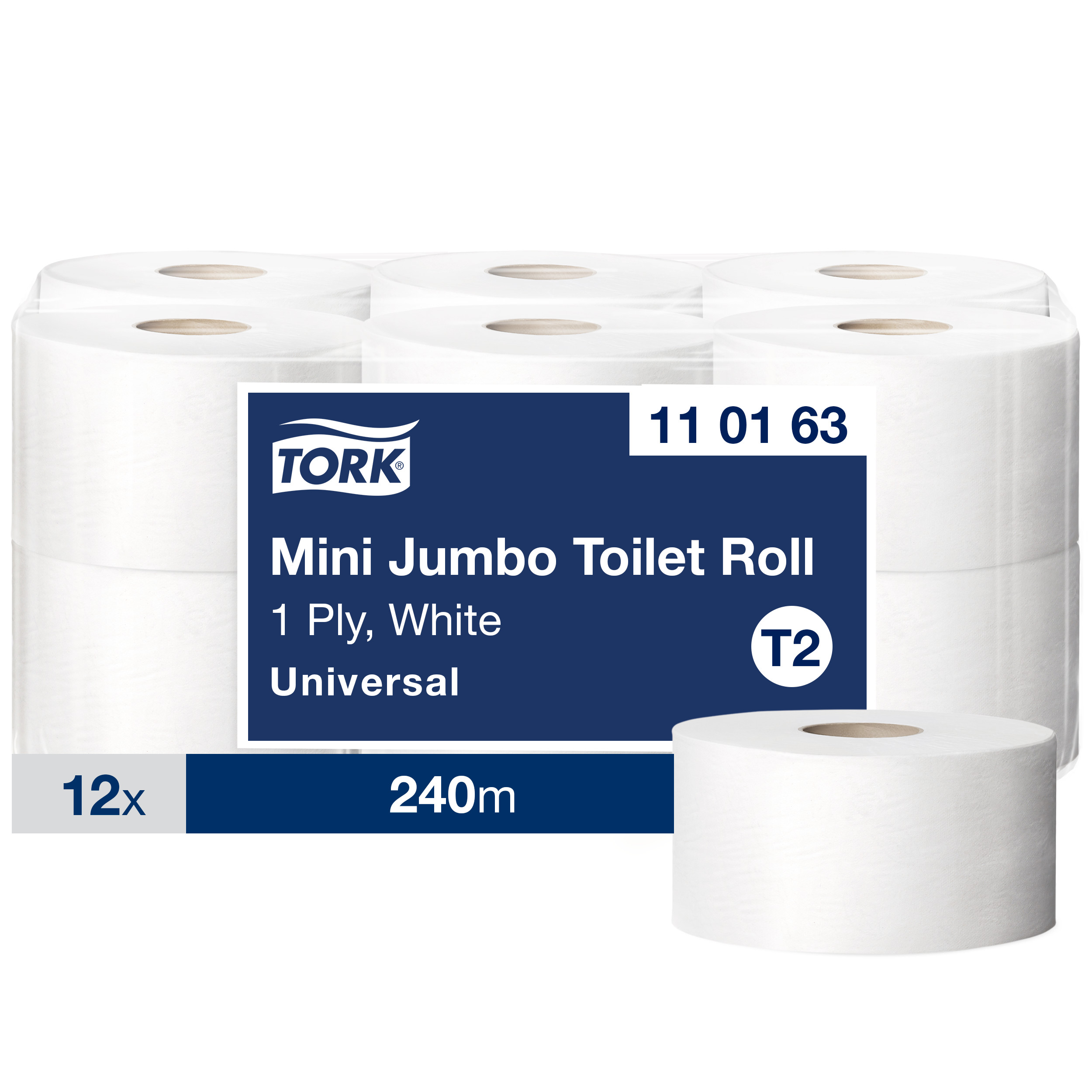 Tork T2 Mini Jumbo Toiletpapir 1-lag Hvid - 12 Rl/krt.
