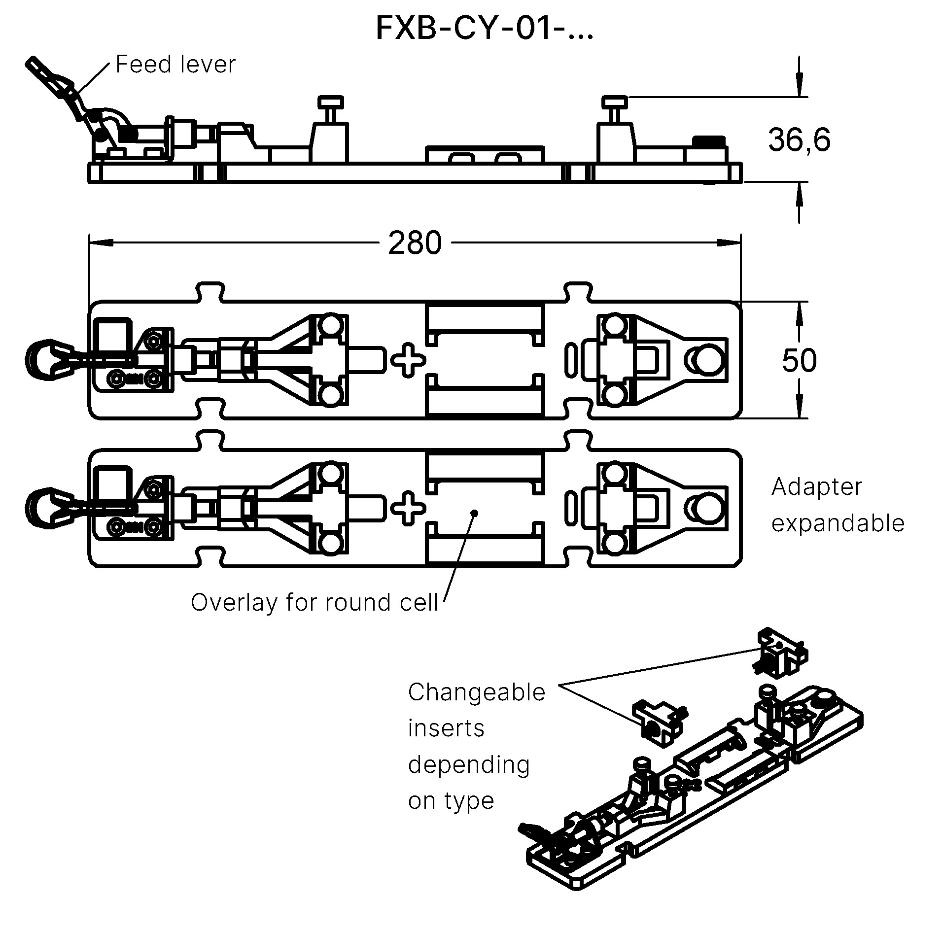 FXB-CY-01-06 Prüfadapter für Rundzellen ファミリー図面