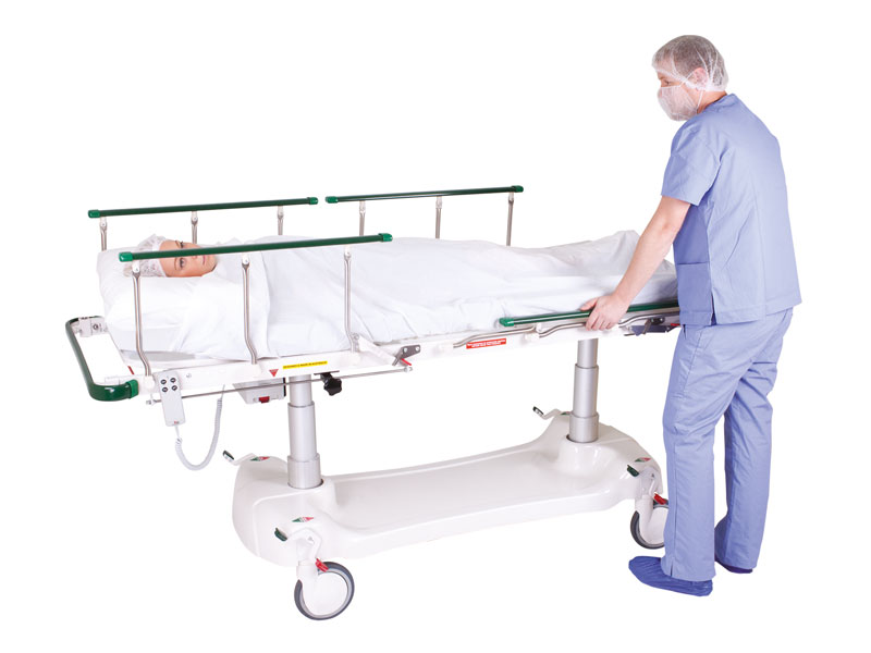 Patient Trolley, Electric Hi-Lo, Backrest, Kneebreak & Trendelenburg, Includes 100mm Mattress, Foot Rail, 5 Riser Dropside Rails & 2 Handsets, Contour Endosurge, Modsel