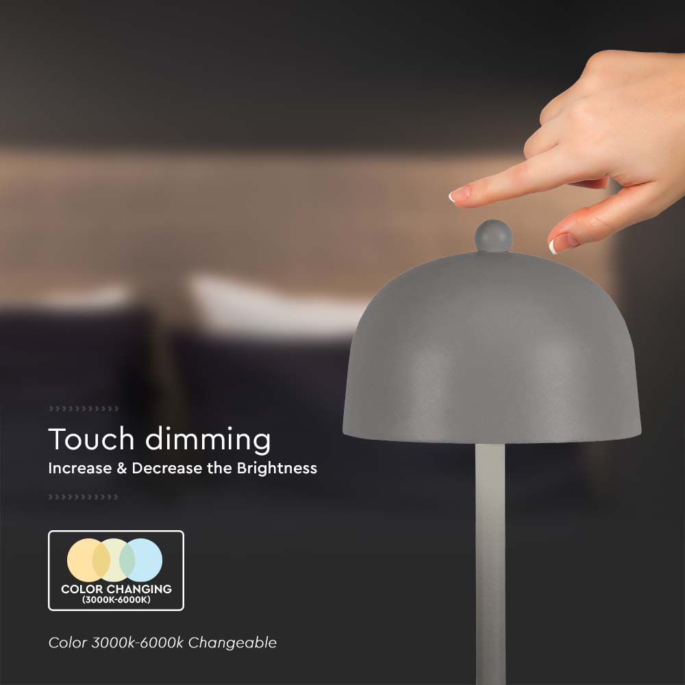 Lampada LED da Tavolo 3W con Batteria 1800mAh Ricaricabile USB C Colore Grigio in Metallo Touch Dimmerabile 3in1 img 1