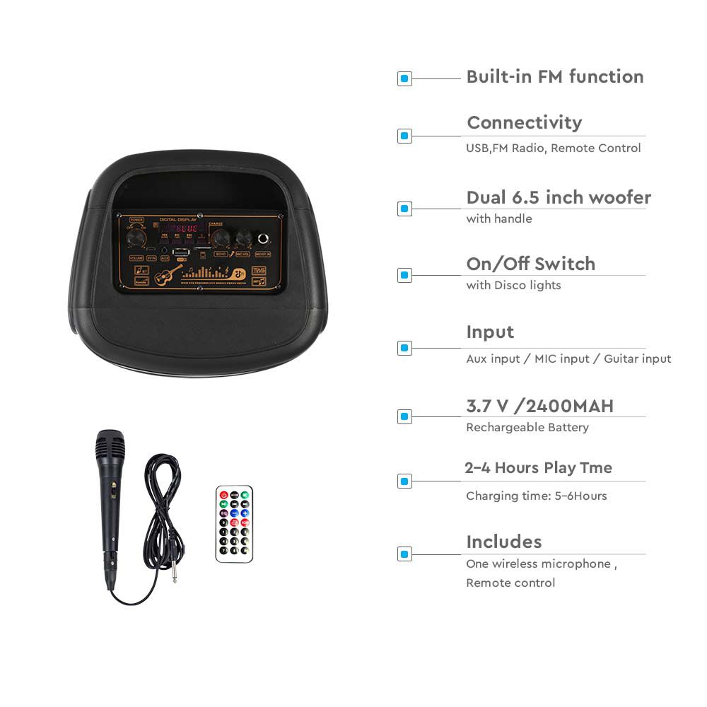 Altoparlante ricaricabile da 400 W con 1 microfono cablato Controllo RF e maniglia 2x6,5 pollici