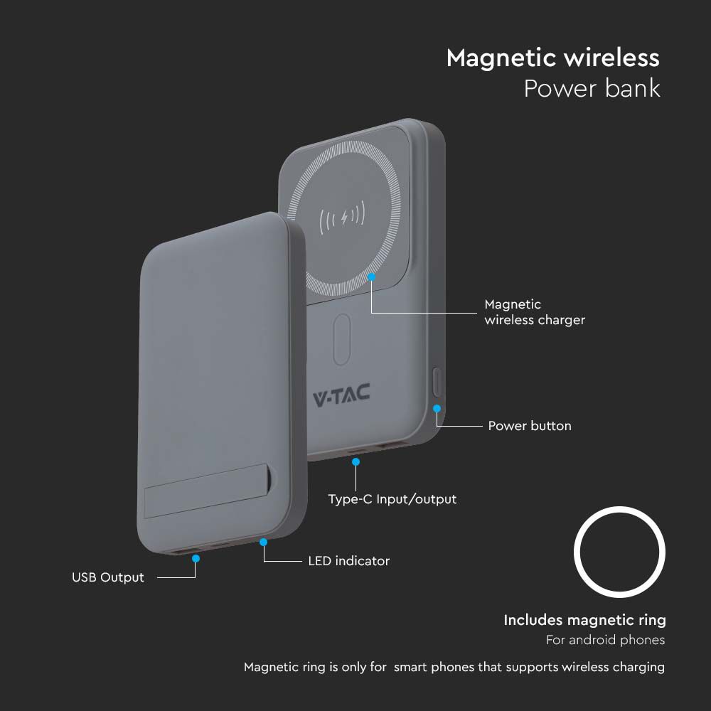  Power Bank 10000 mAh MagSafe Ultra Sottile Magnetico con Ricarica Wireless Colore Grigio