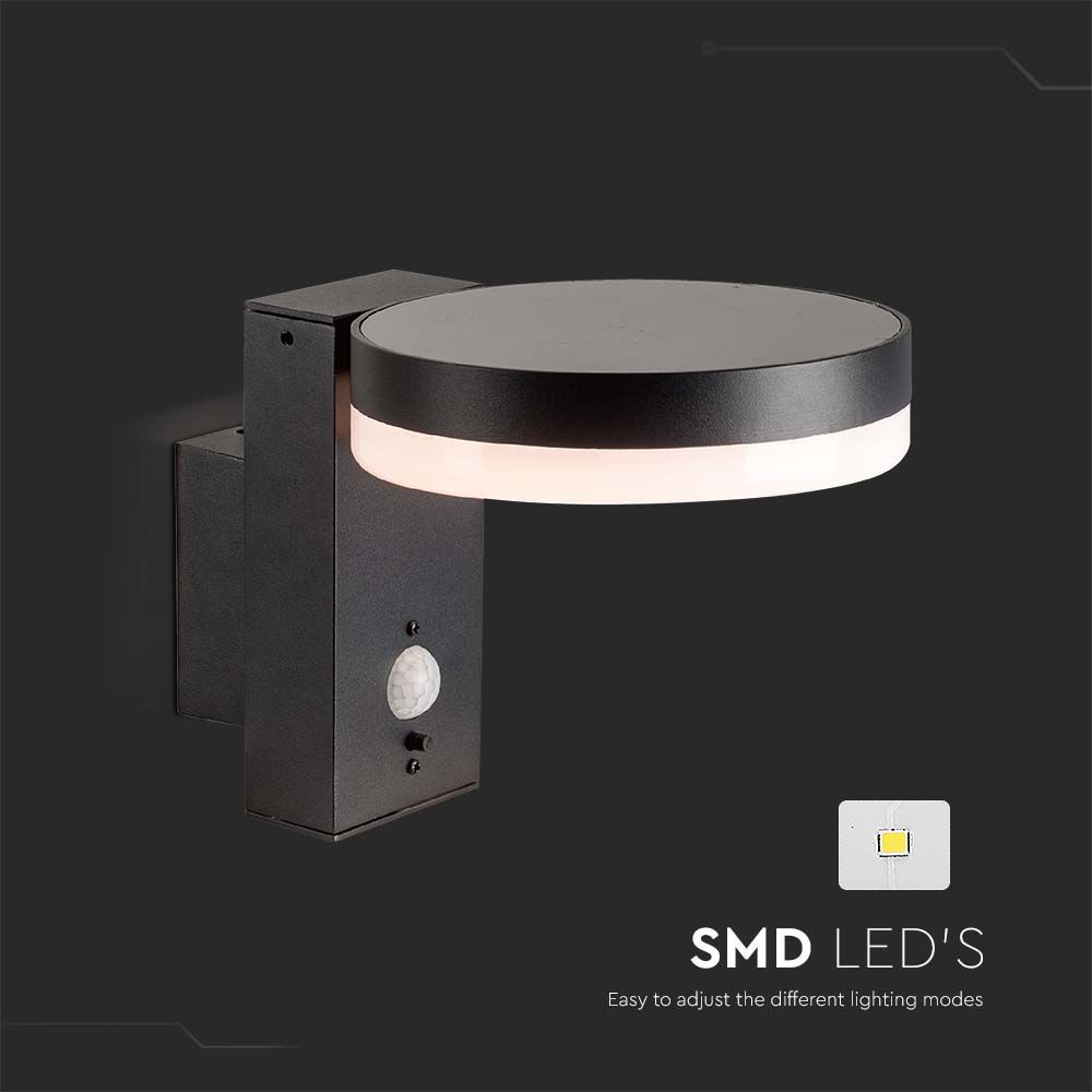 Lampada LED da Muro Rotonda 5.5W con Pannello Solare e Sensore PIR Corpo Nero 3000K IP44