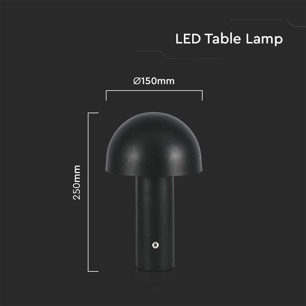 Lampada LED da Tavolo 3W con Batteria 1800mAh Ricaricabile USB C Colore Nero in Metallo Touch Dimmerabile 3in1
