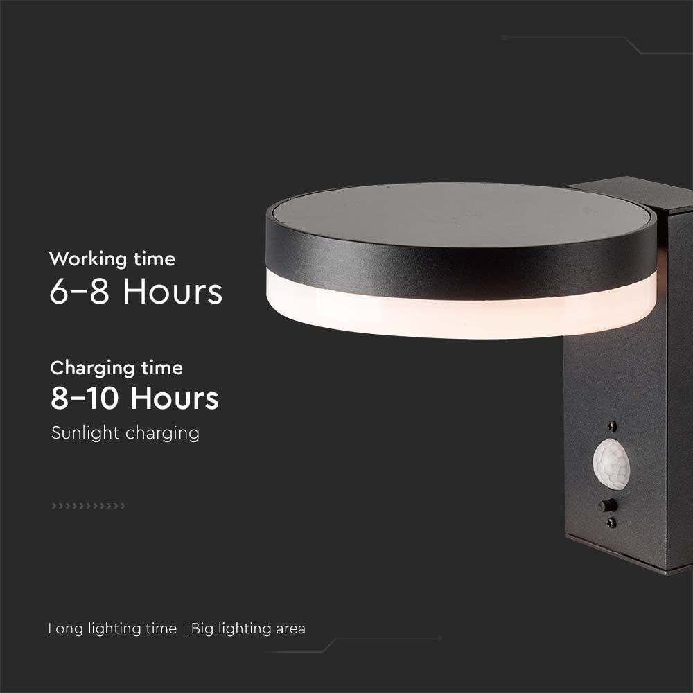 Lampada LED da Muro Rotonda 5.5W con Pannello Solare e Sensore PIR Corpo Nero 3000K IP44 img 1