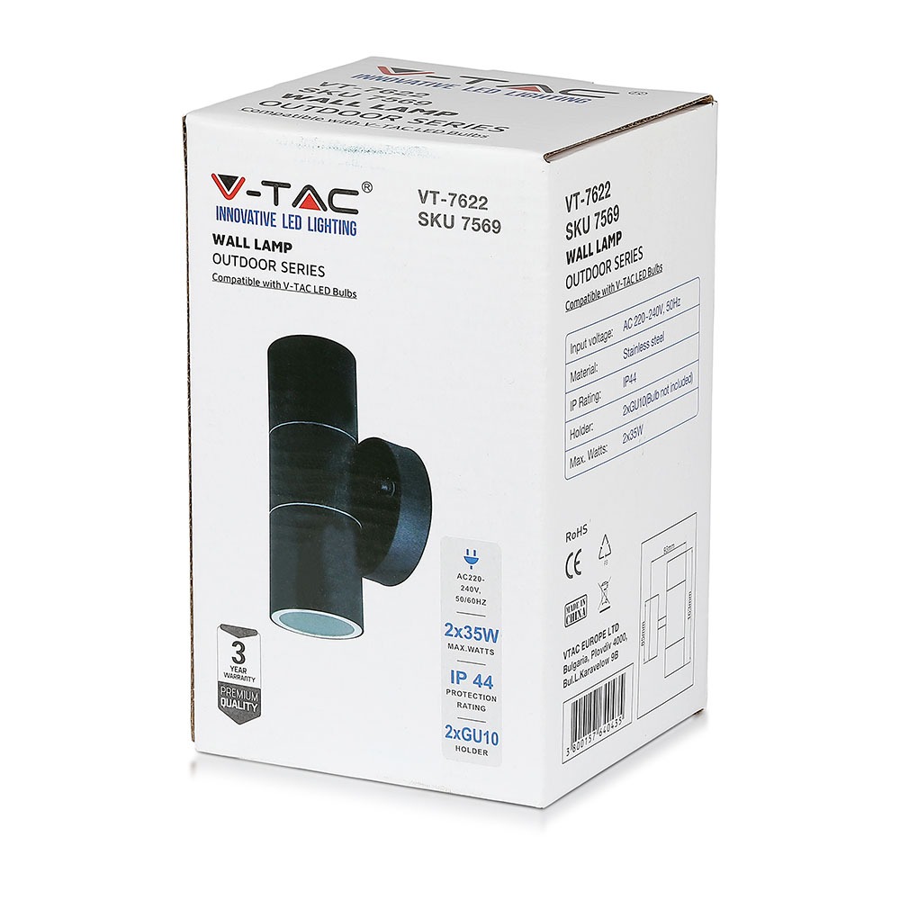 GU10 Wall Fitting Stainless Steel Body Matt Nero IP44 Up Down