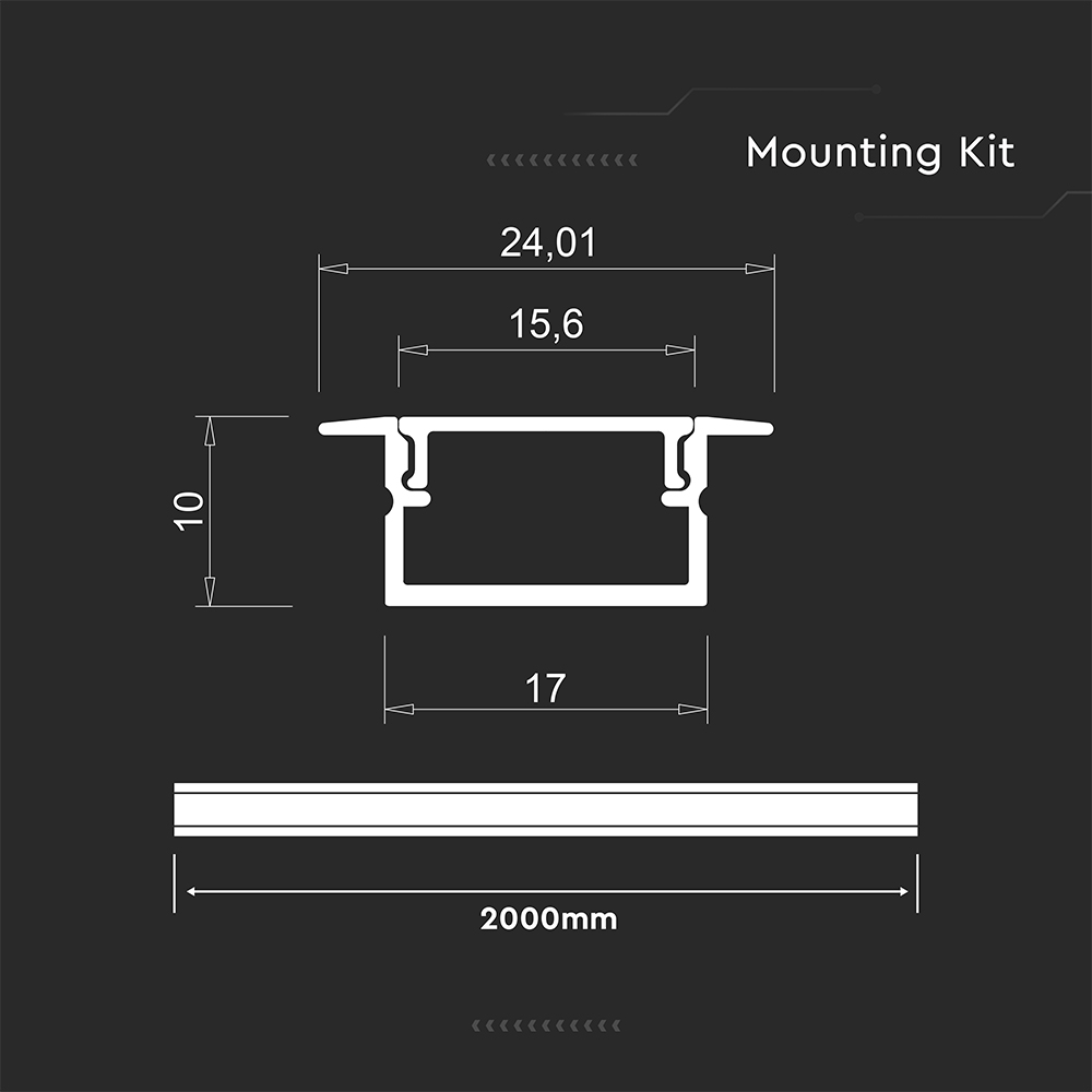LED Strip Mounting Kit With Diffuser Recessed 2000*17*10mm