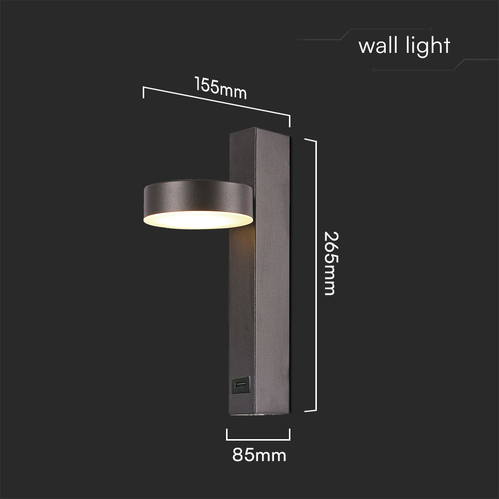 7W LED Wall Light With USB 3000K Acrylic Black